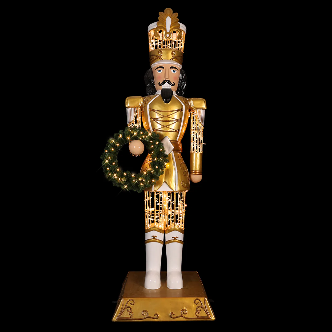 Large Fiberglass Royal Soldier Nutcracker Figure, LED Lit, 9ft (Gold)Â