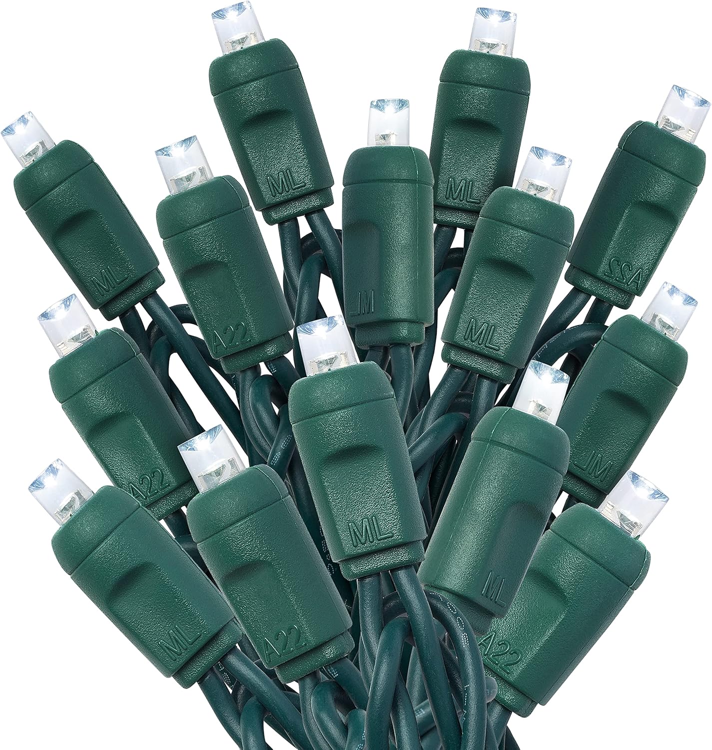 Cool White Mini Light Set, Green Wire, 25' (Strobe - 50 bulbs, 6" spacing)