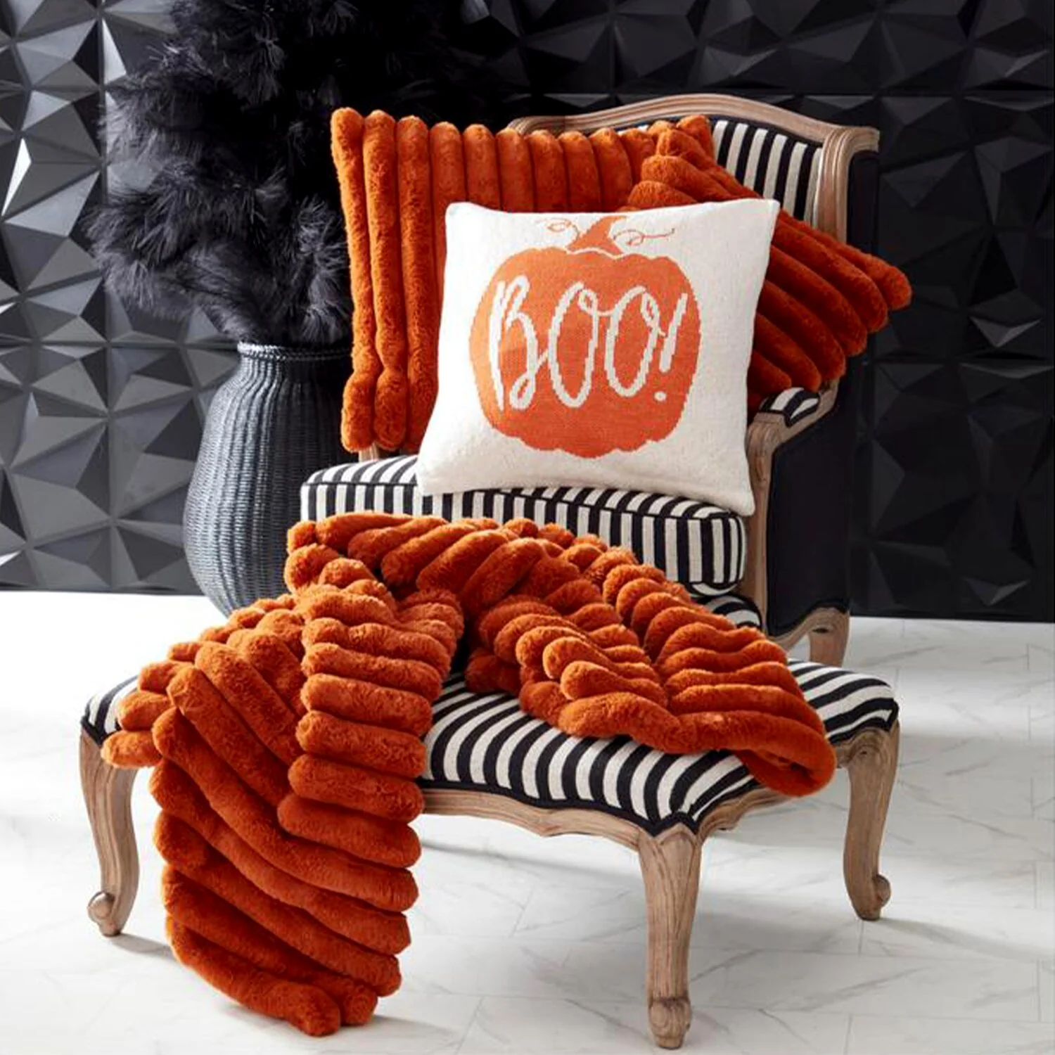 Cream & Orange Cotton Knit BOO Pillow, 20" - Image 2