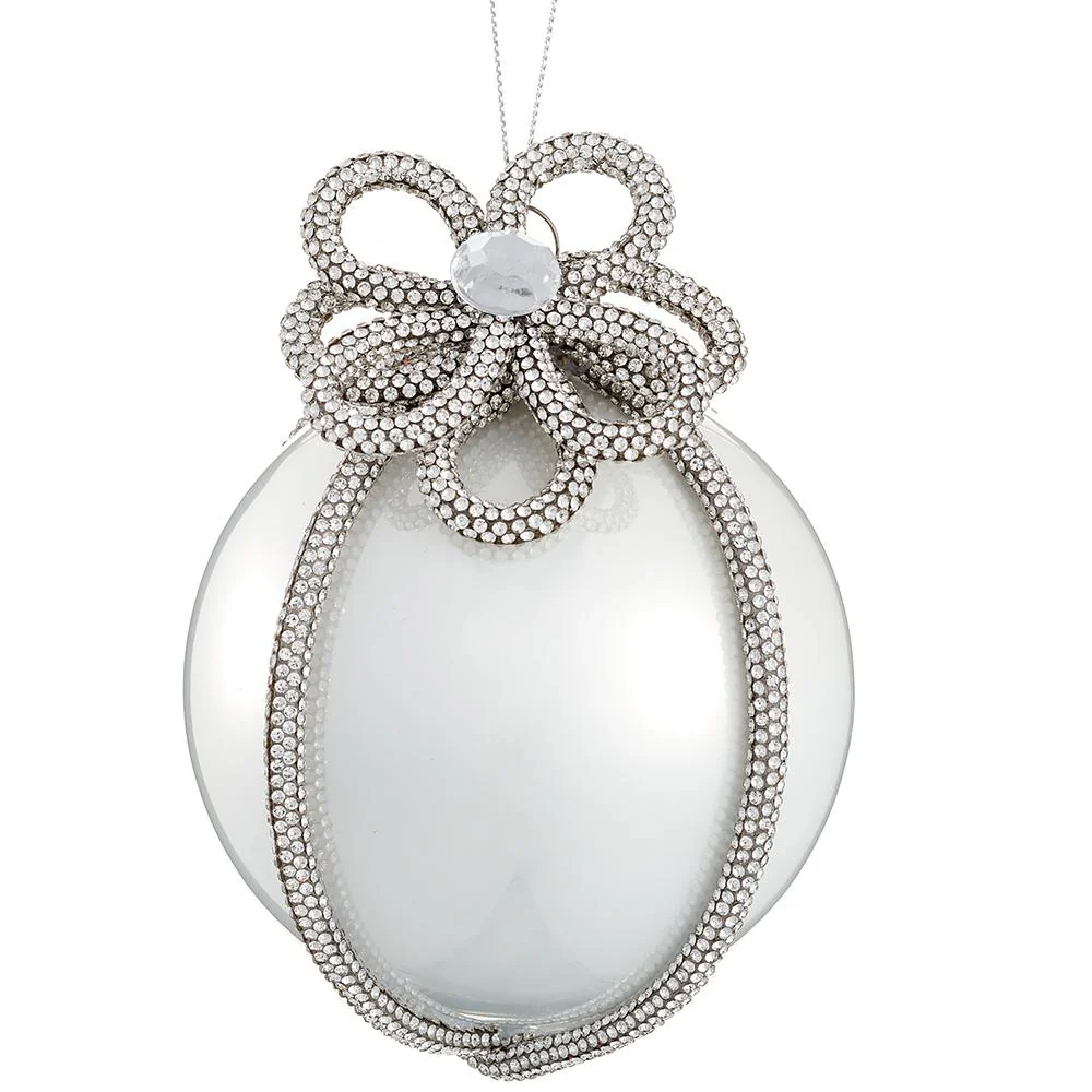Diamond Flower Trim Glass Ball Ornament, 4.5" (Silver & Pearl)