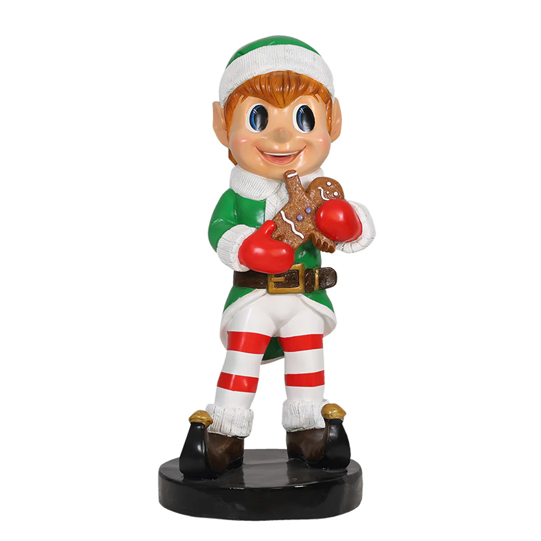 Large Fiberglass Elf Boy Holding Gingerbread Figure, 37"