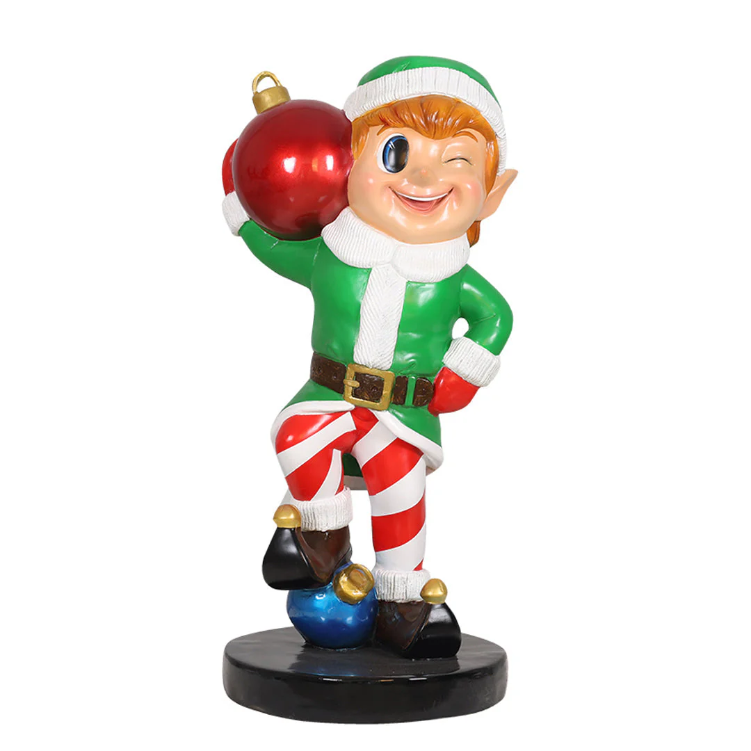 Large Fiberglass Elf Boy Holding Ornament Ball Figure, 37"