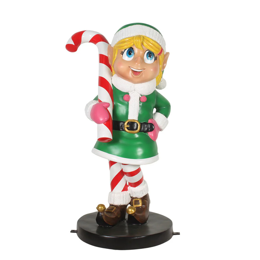 Large Fiberglass Elf Girl With Candy Cane Figure, 35"
