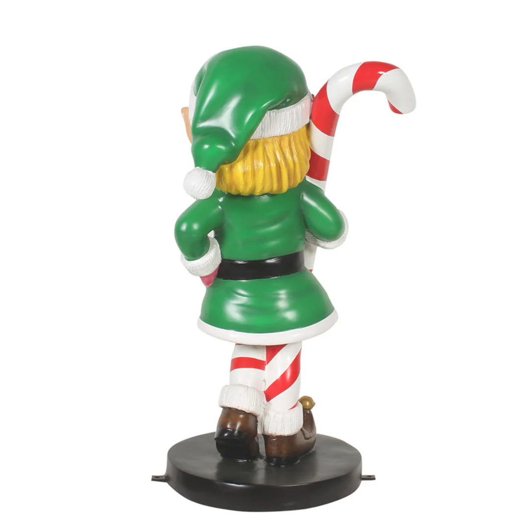 Large Fiberglass Elf Girl With Candy Cane Figure, 35" - Image 3