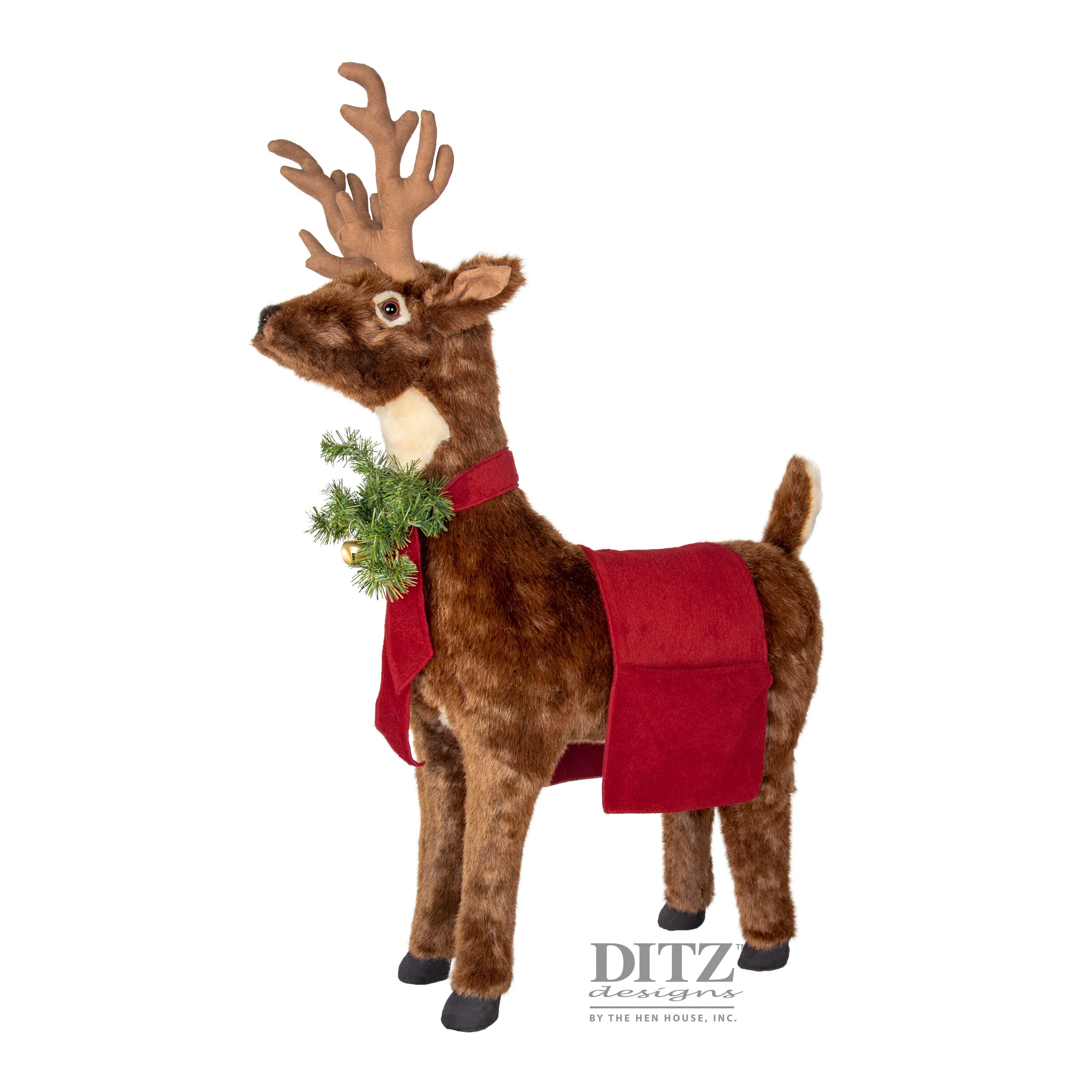 Footrest Reindeer Large Figurine, Natural-Vintage Red Trim, 19"