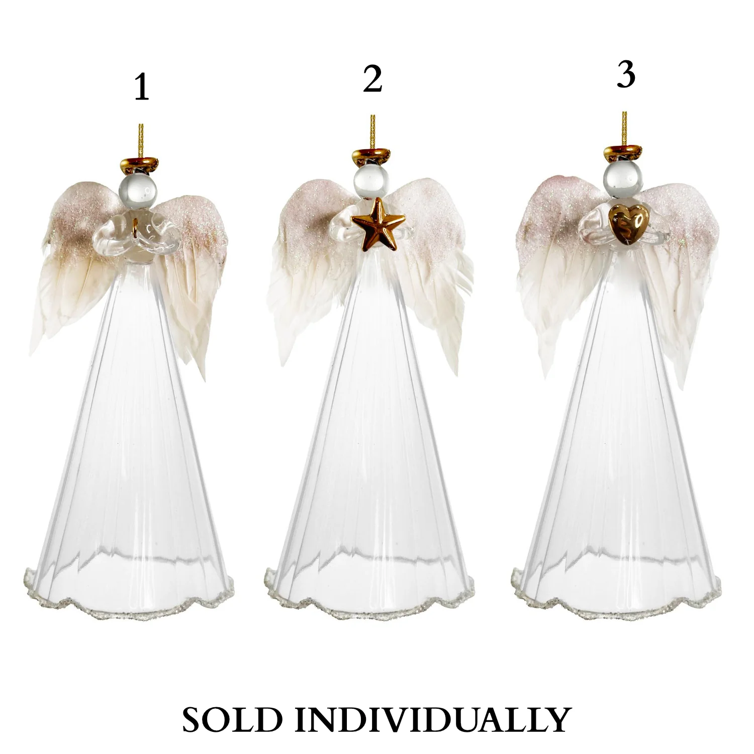 Glass angel w/skirt & feather wings, 6.3" (3 Styles - Sold individually)