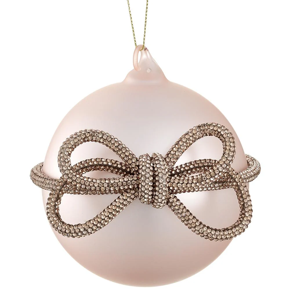 Glass Ball Ornament With Diamond Bow, 4" (Blush)