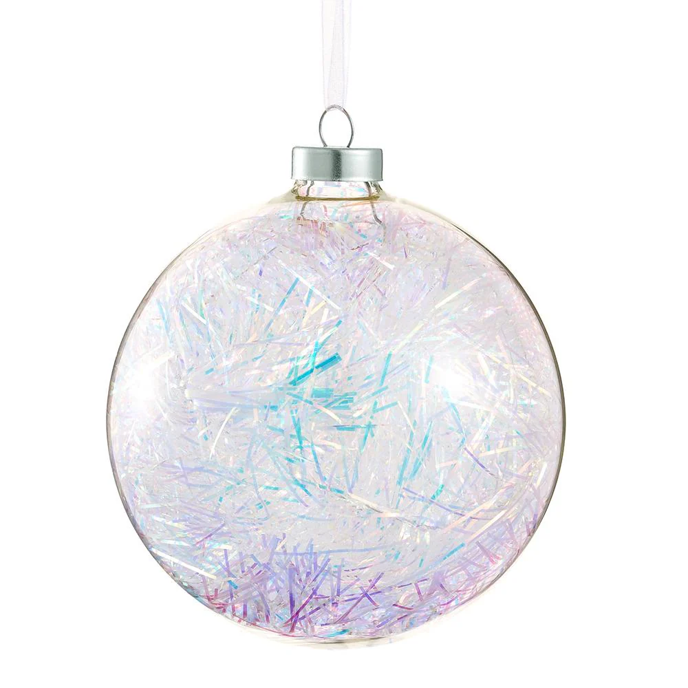 Glass Ball Ornament With Tinsels, 4.75" (Clear & Iridescent)