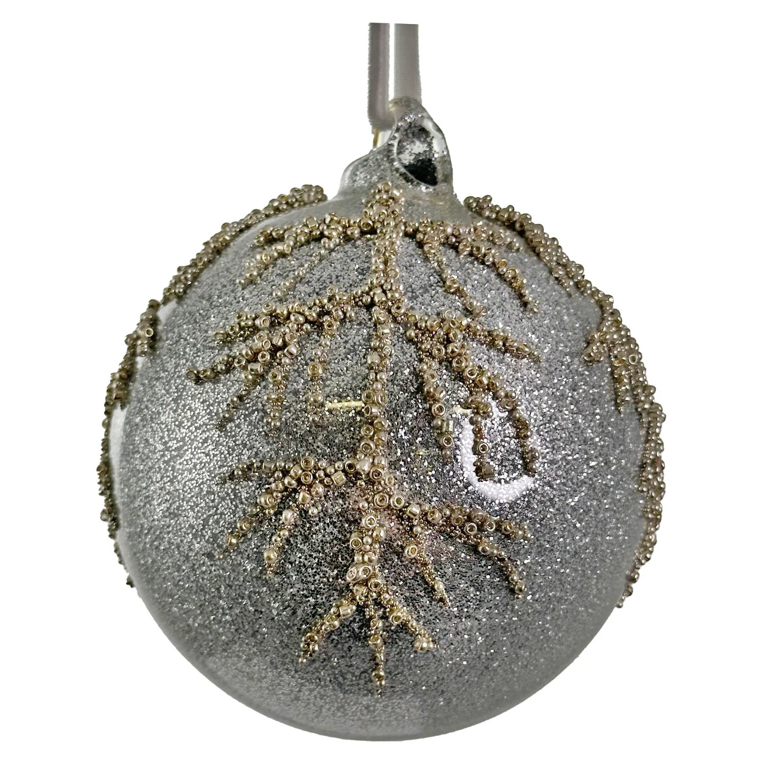 Glass Ball - Silver Glitter w/ Bead Branch, 4"