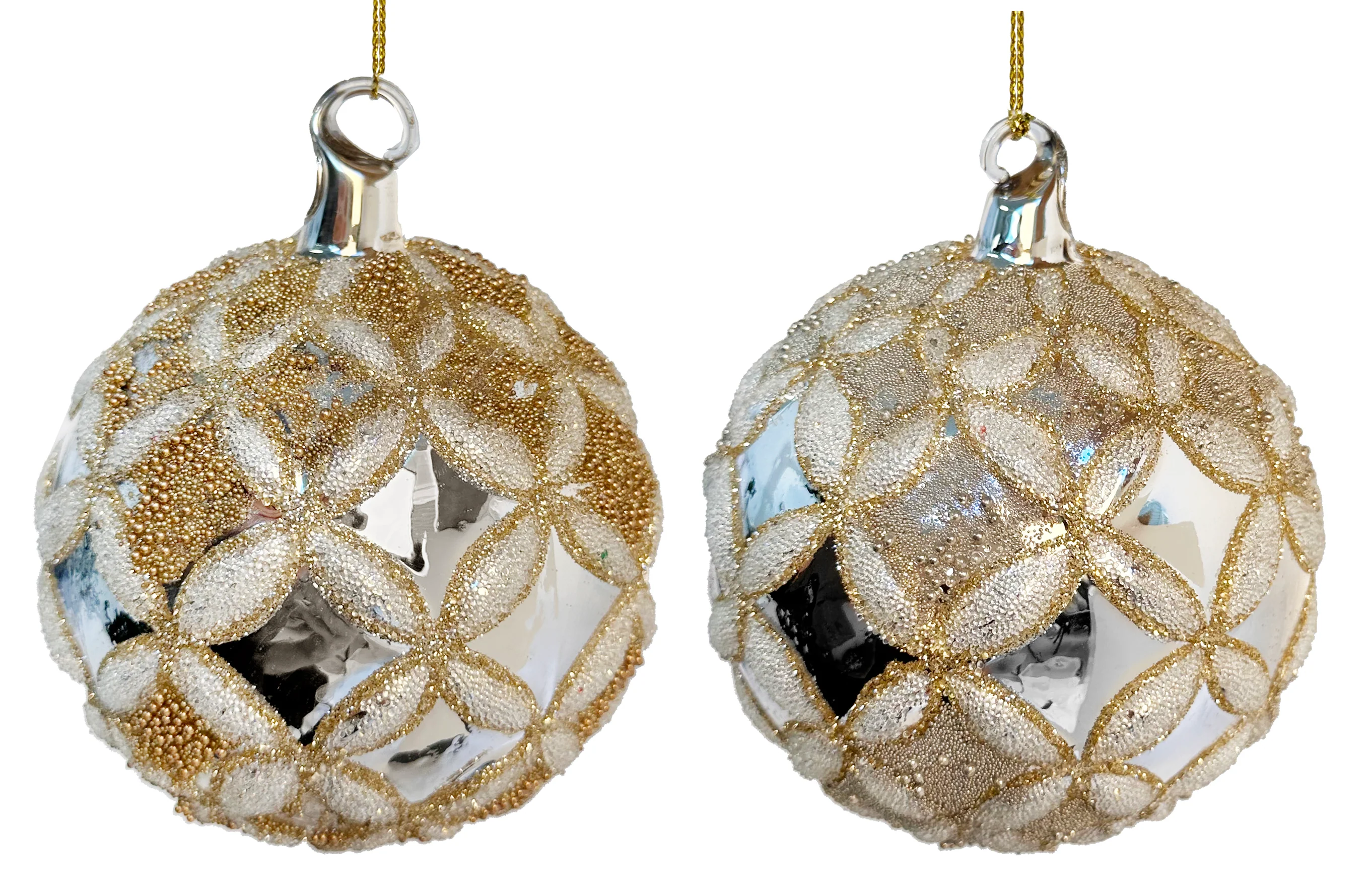 Glass Ornament Ball Silver Shiny Flower Bead Deco (Set of 2)