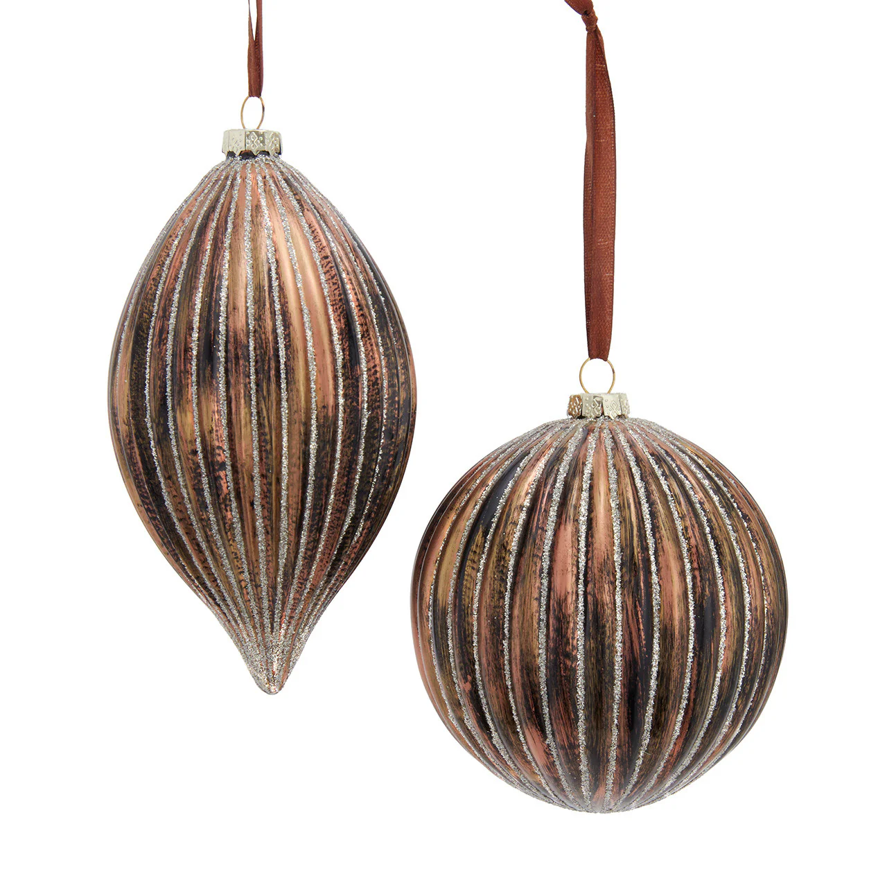 Glass Brown Ball & Finial With Gold Stripes Ornament, 6.75" (2 styles - sold individually)