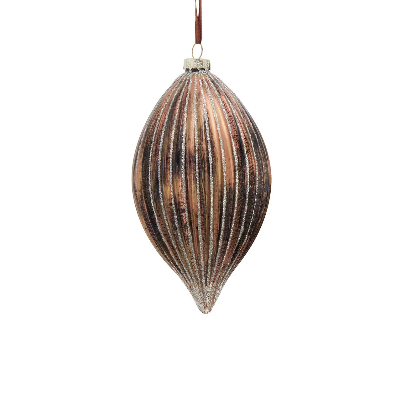 Glass Brown Ball & Finial With Gold Stripes Ornament, 6.75" (2 styles - sold individually) - Image 2