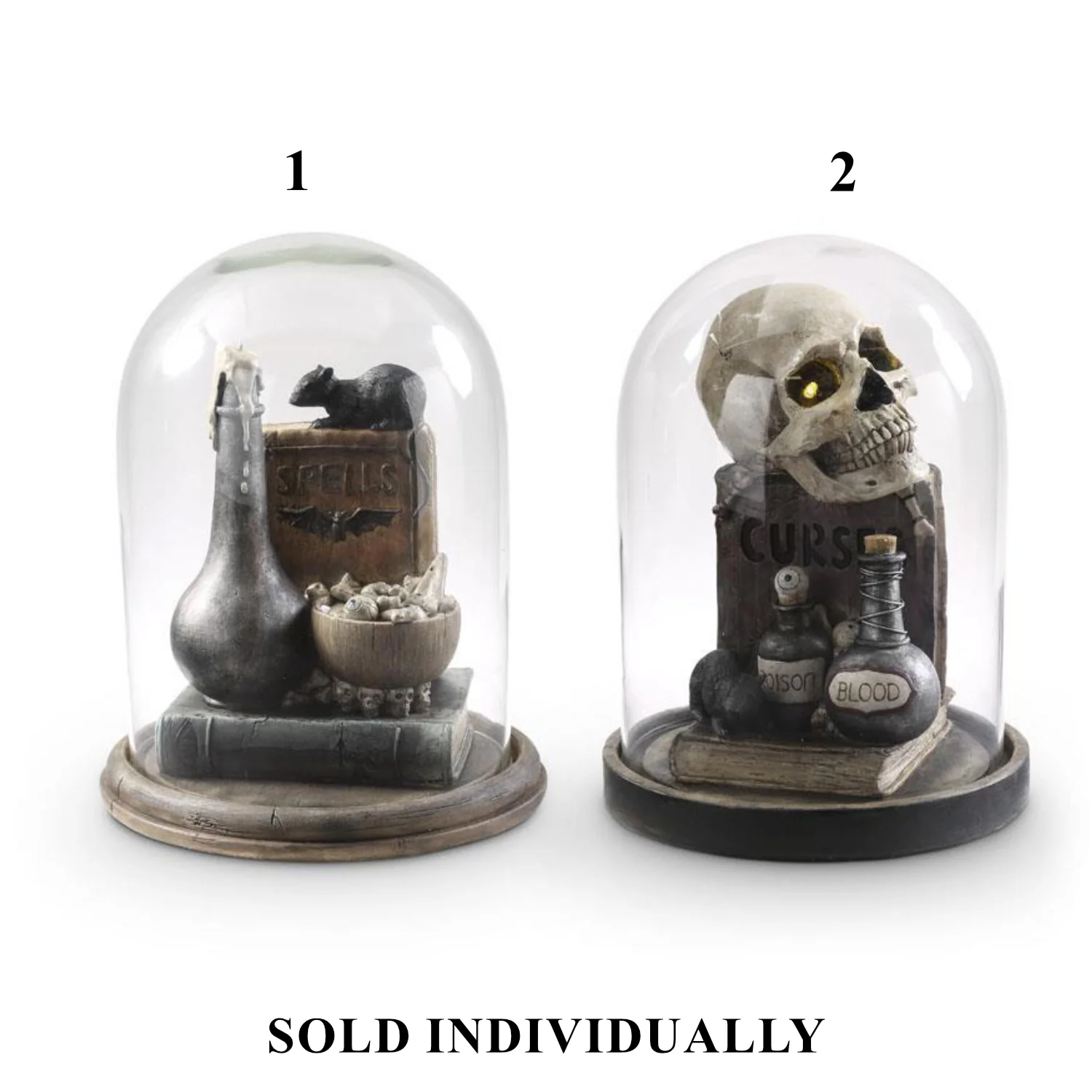 Glass Cloches w/LED Skull or Spell Book, 12.5" (2 styles - sold individually)
