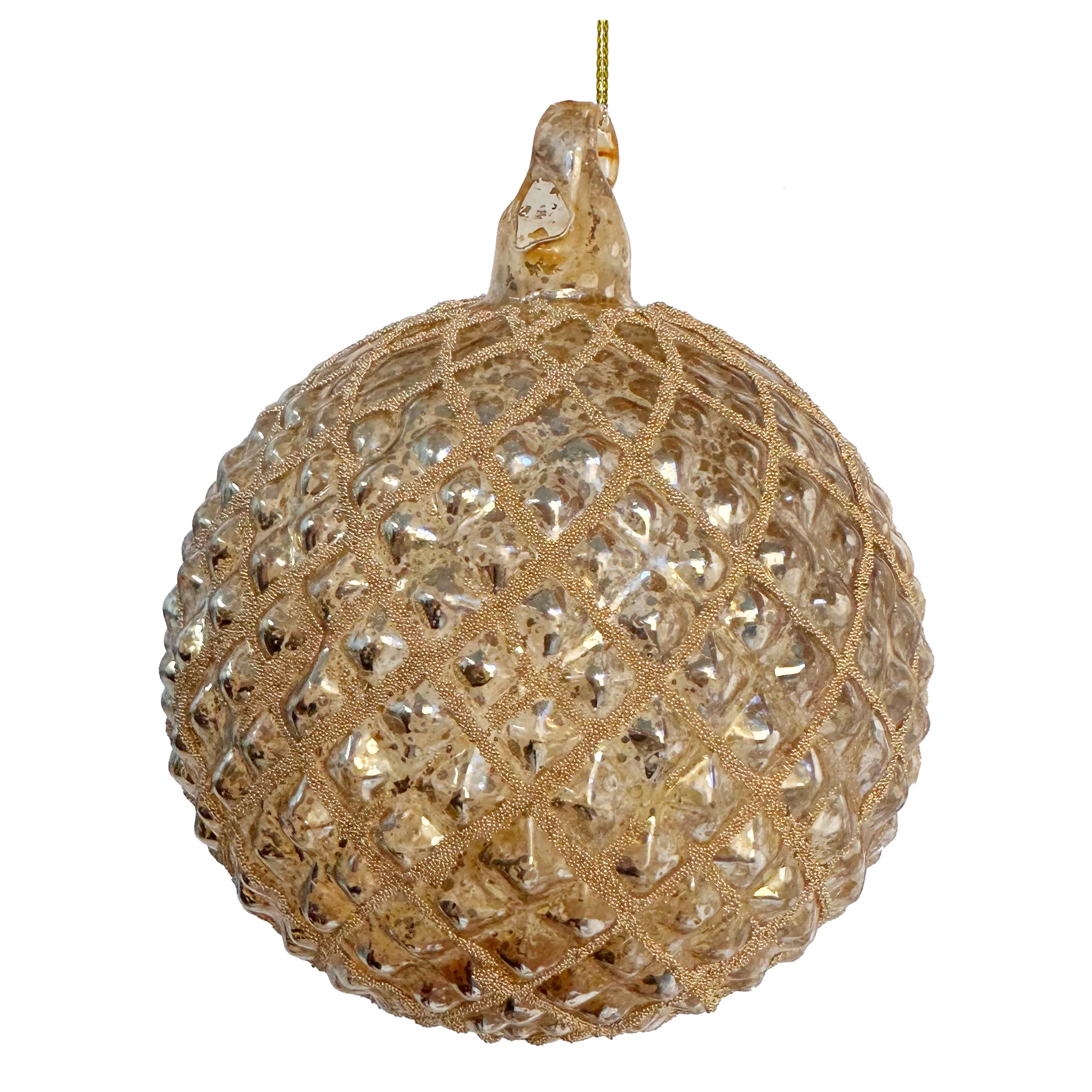 Glass Cone Ornament Ball Antique Gold Beaded, 5"