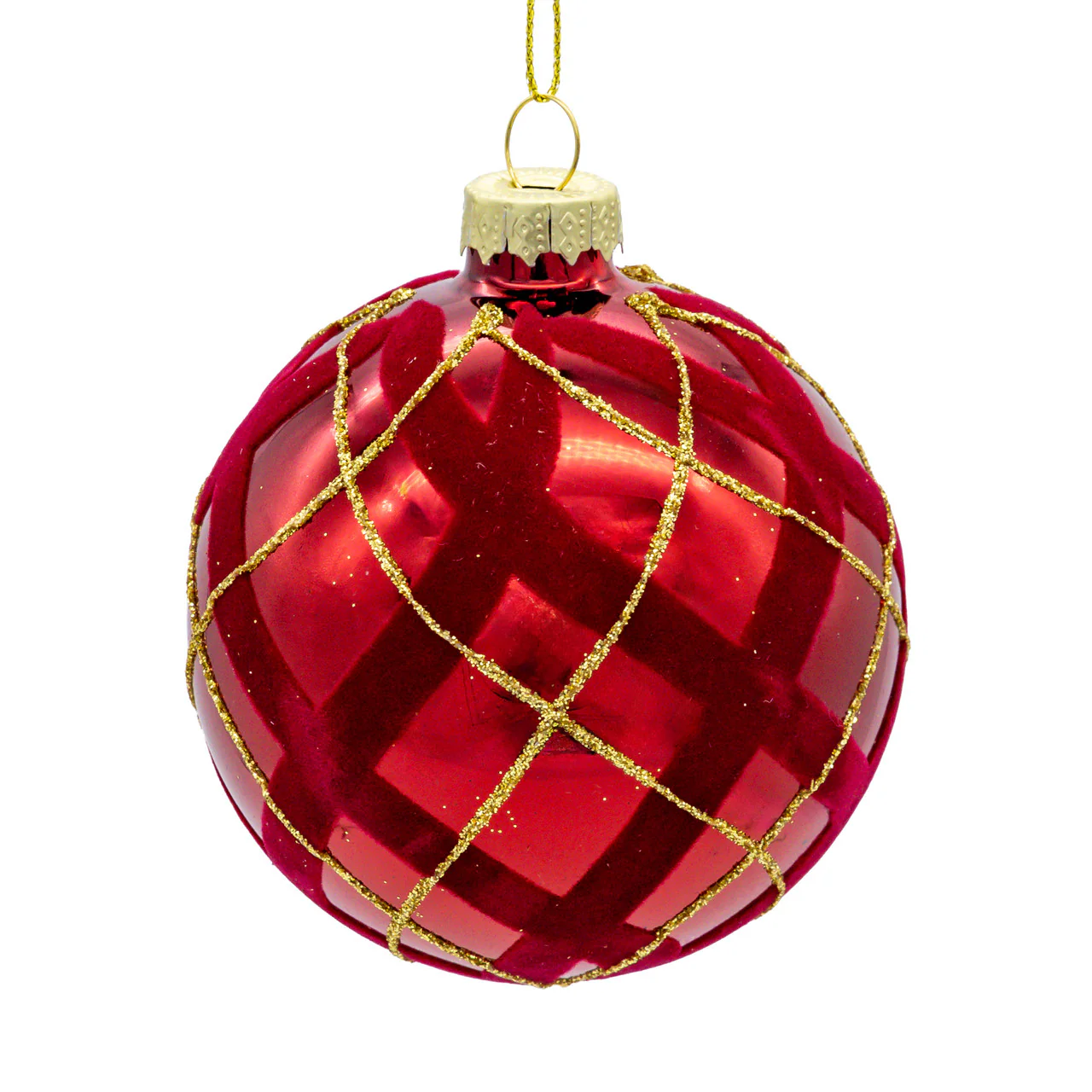 Glass Flocked Red w/Gold Glittered Design Ball Ornament, 3.15" (Set of 6)