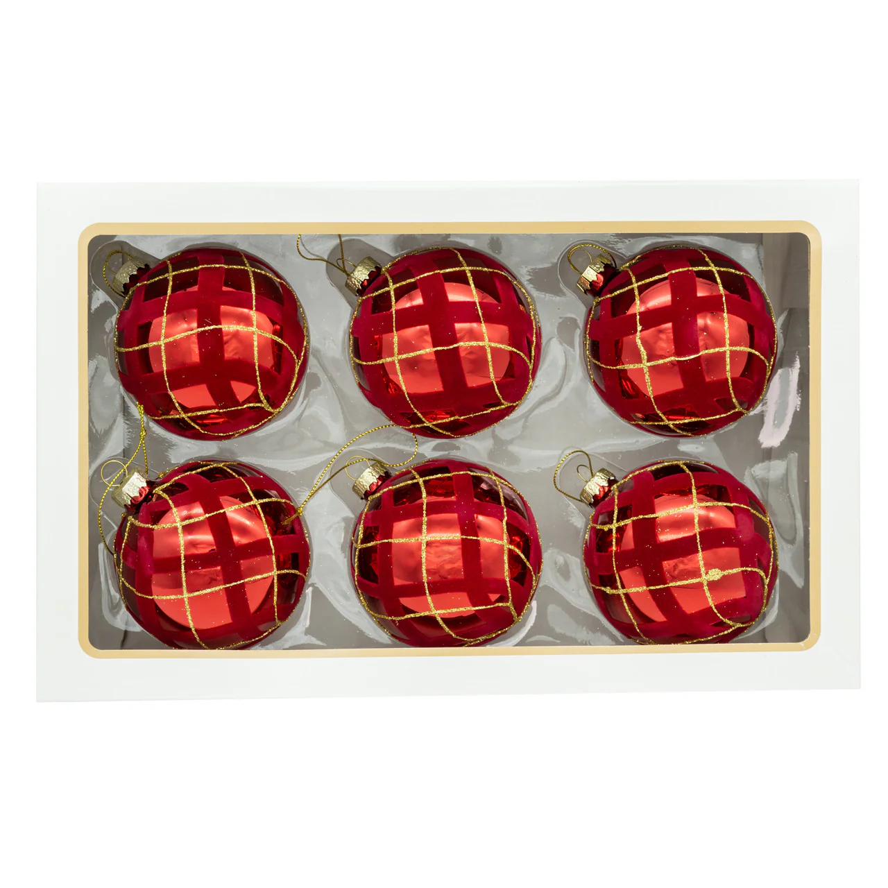 Glass Flocked Red w/Gold Glittered Design Ball Ornament, 3.15" (Set of 6) - Image 2
