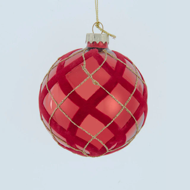 Glass Flocked Red w/Gold Glittered Design Ball Ornament, 3.15" (Set of 6) - Image 3