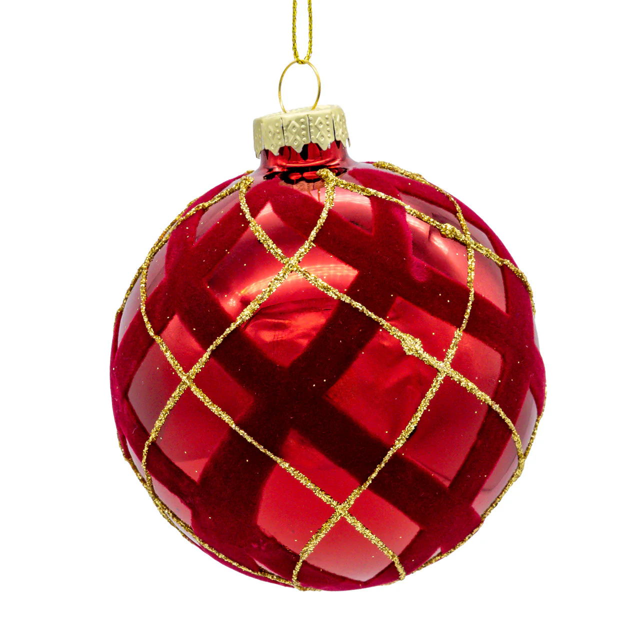 Glass Flocked Red w/Gold Glittered Design Ball Ornament, 3.15" (Set of 6) - Image 4