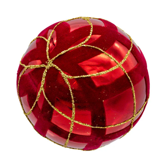 Glass Flocked Red w/Gold Glittered Design Ball Ornament, 3.15" (Set of 6) - Image 6