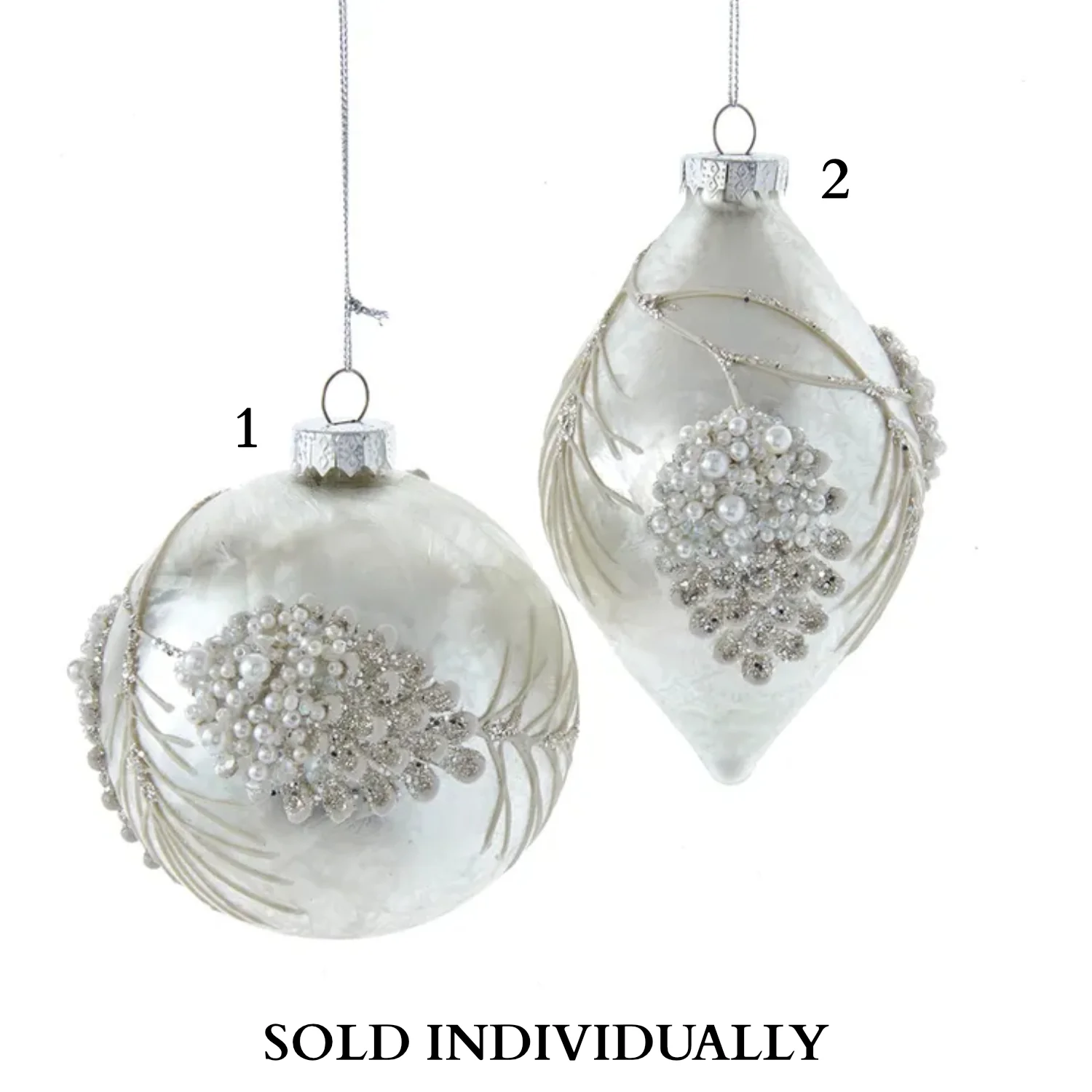 Glass Glittered Ice White Ball and Tear Drop Ornament (2 Styles β Sold individually)