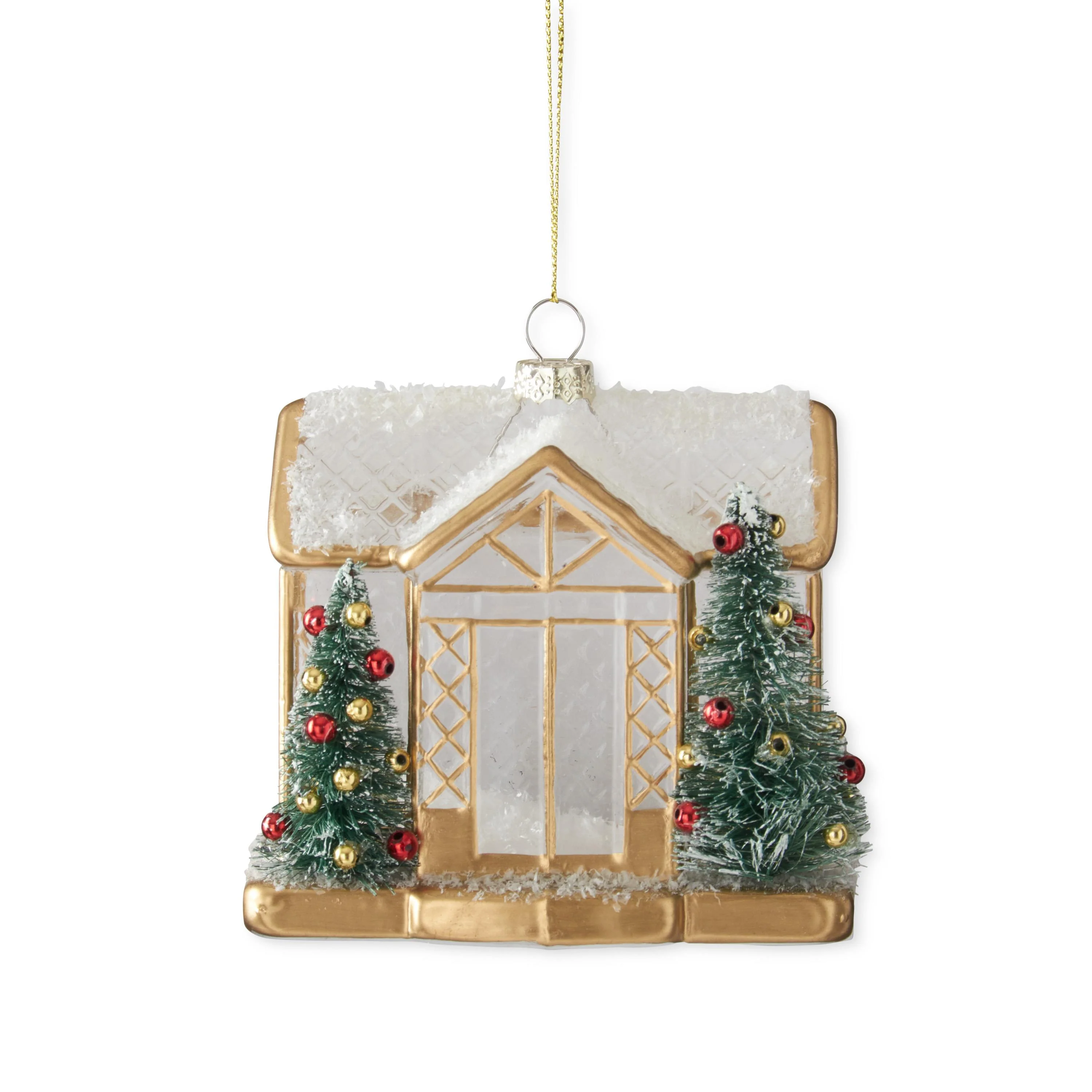 Glass Greenhouse w/ Bottle Brush Tree Ornament, 4.25"
