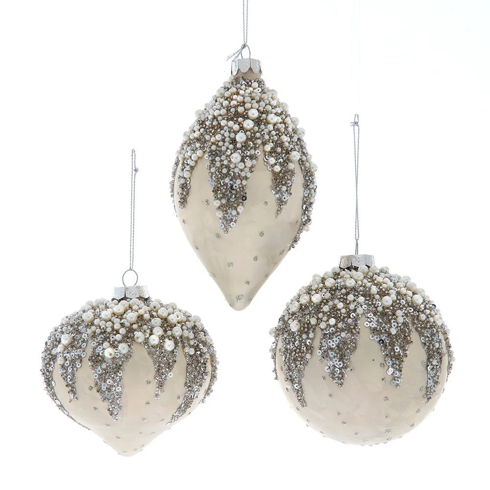 Glass Ivory Beaded Ball, Onion & Drop Ornament, 4" (3 styles - sold individually)