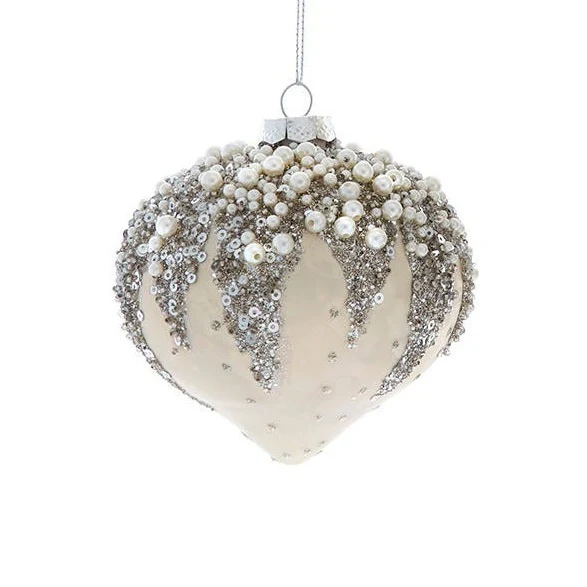 Glass Ivory Beaded Ball, Onion & Drop Ornament, 4" (3 styles - sold individually) - Image 2