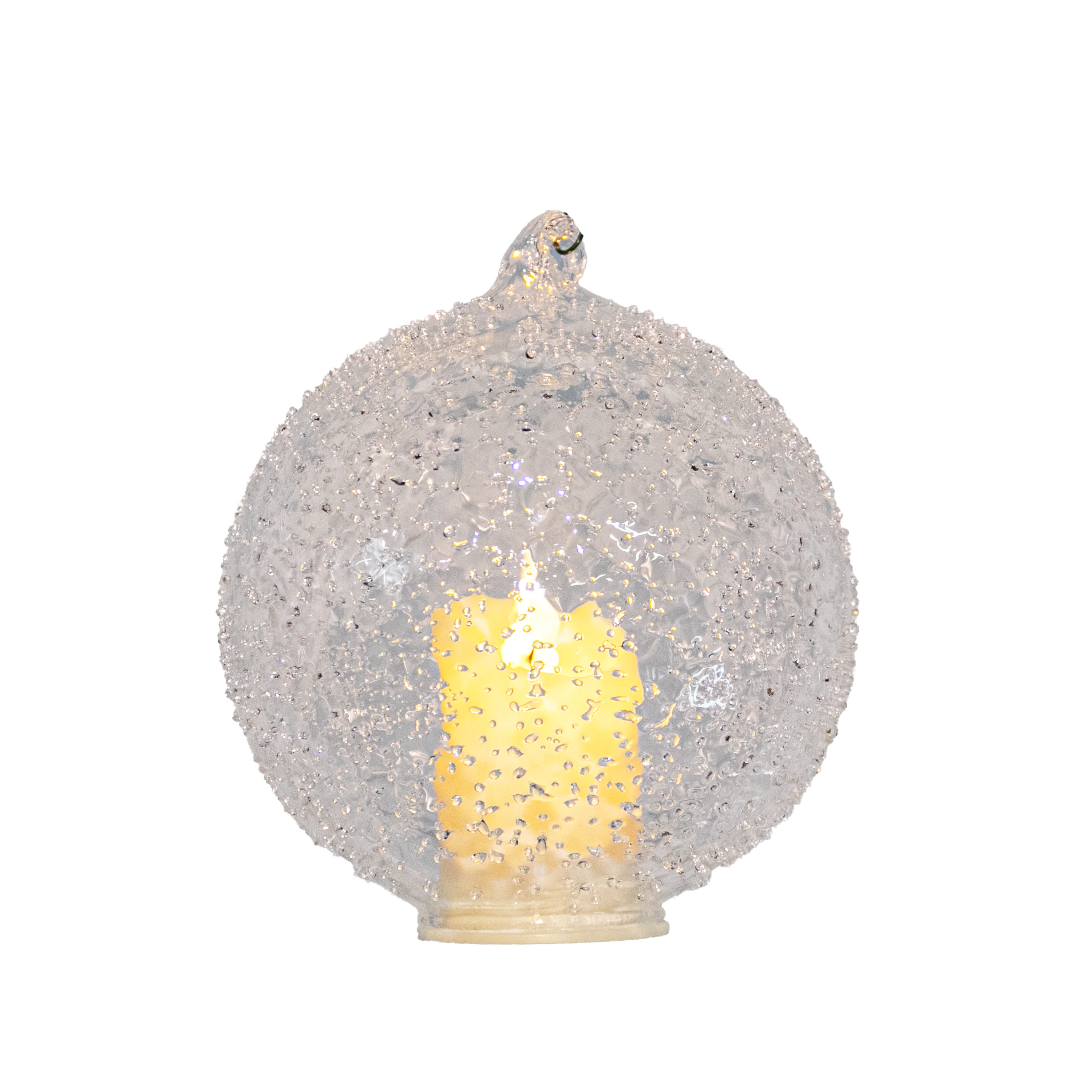 Glass ornament with light-up candle inside