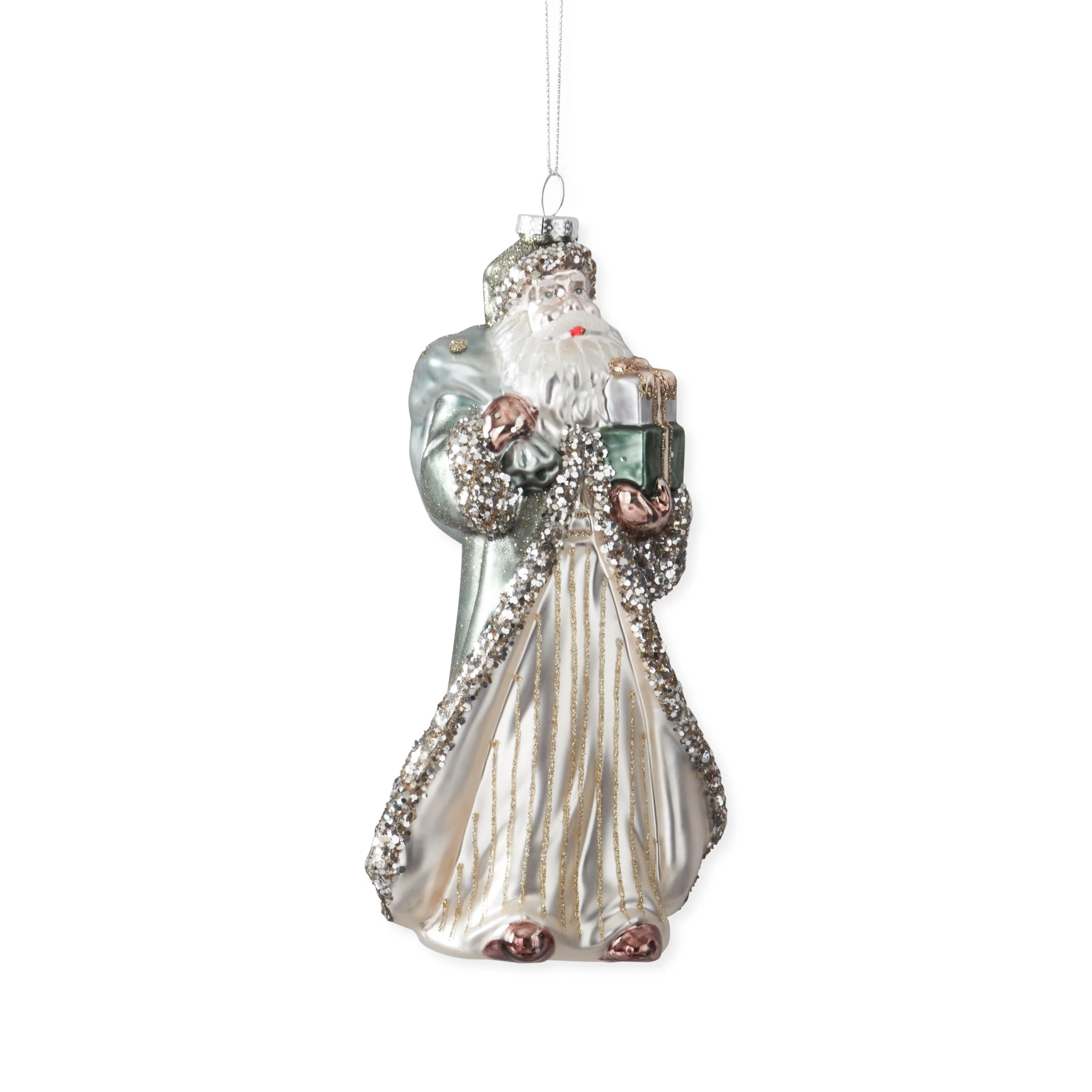 Glass Vintage Santa w/ Silver Cape & Presents Ornament, 8"