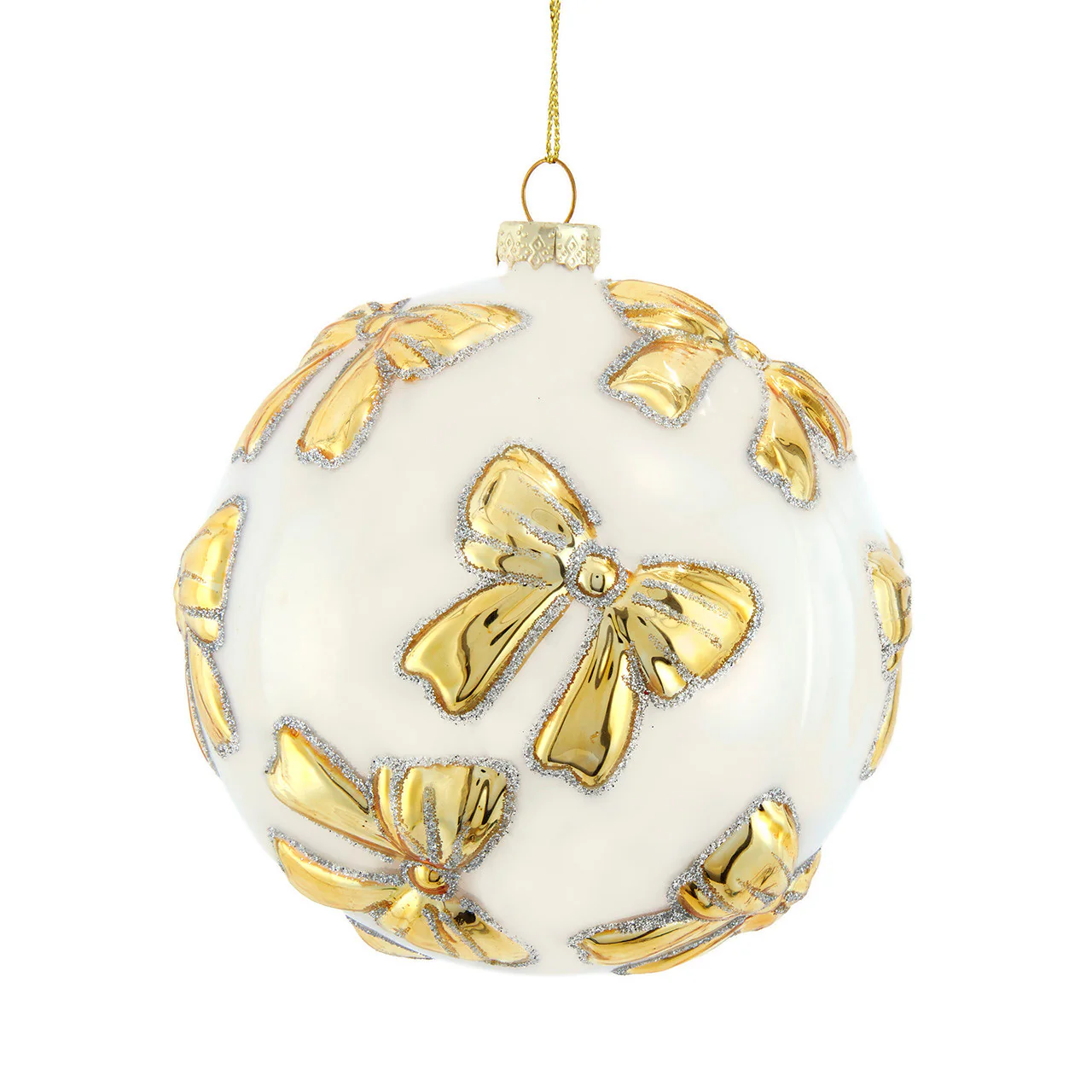 Glass White Ball With Gold Bow Ornament, 4"