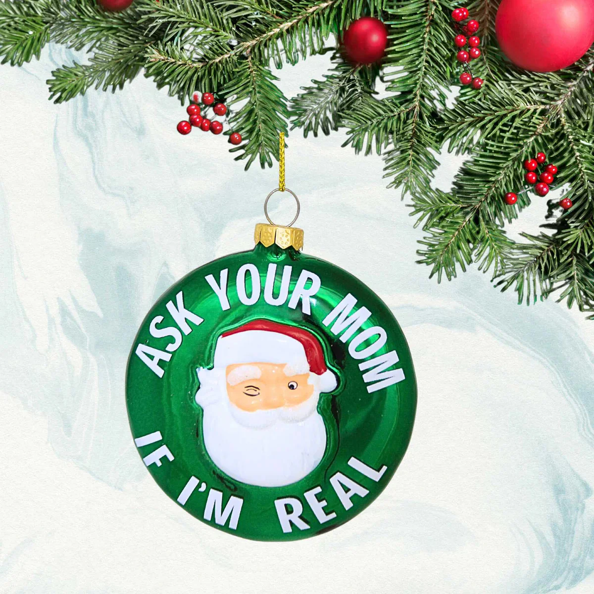 Glass Winking "Ask Your Mom If I'm Real" Santa Ornament, 3.25" - Image 2