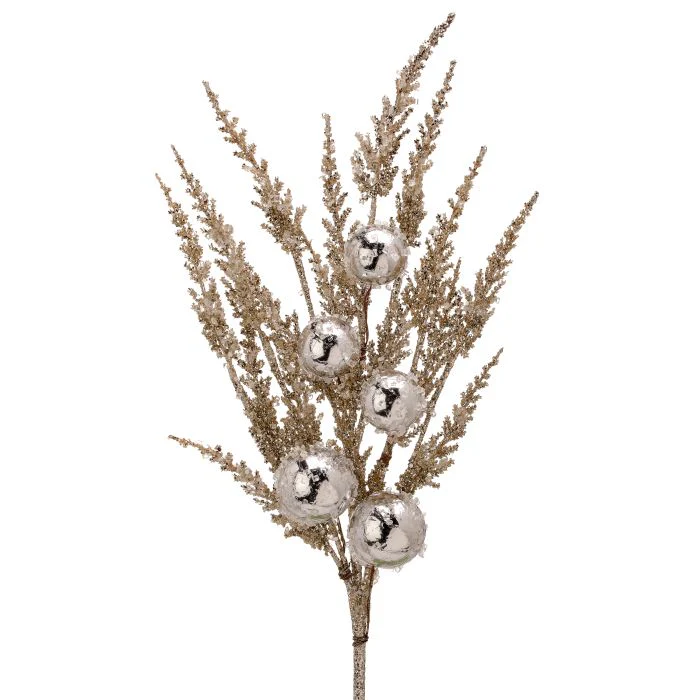 Glitter Feather Leaf Spray w/Ball, 27" (Platinum)