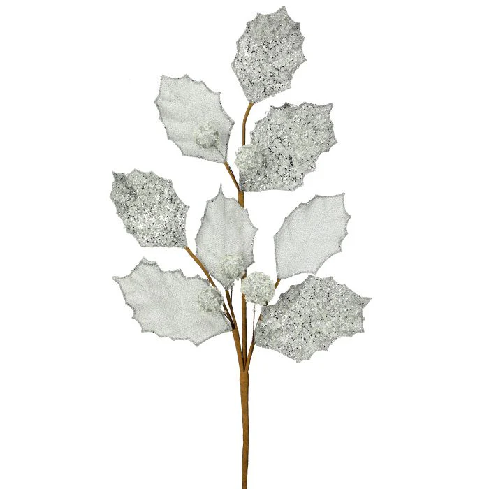 Glitter Holly Leaf Spray, 27" (White)