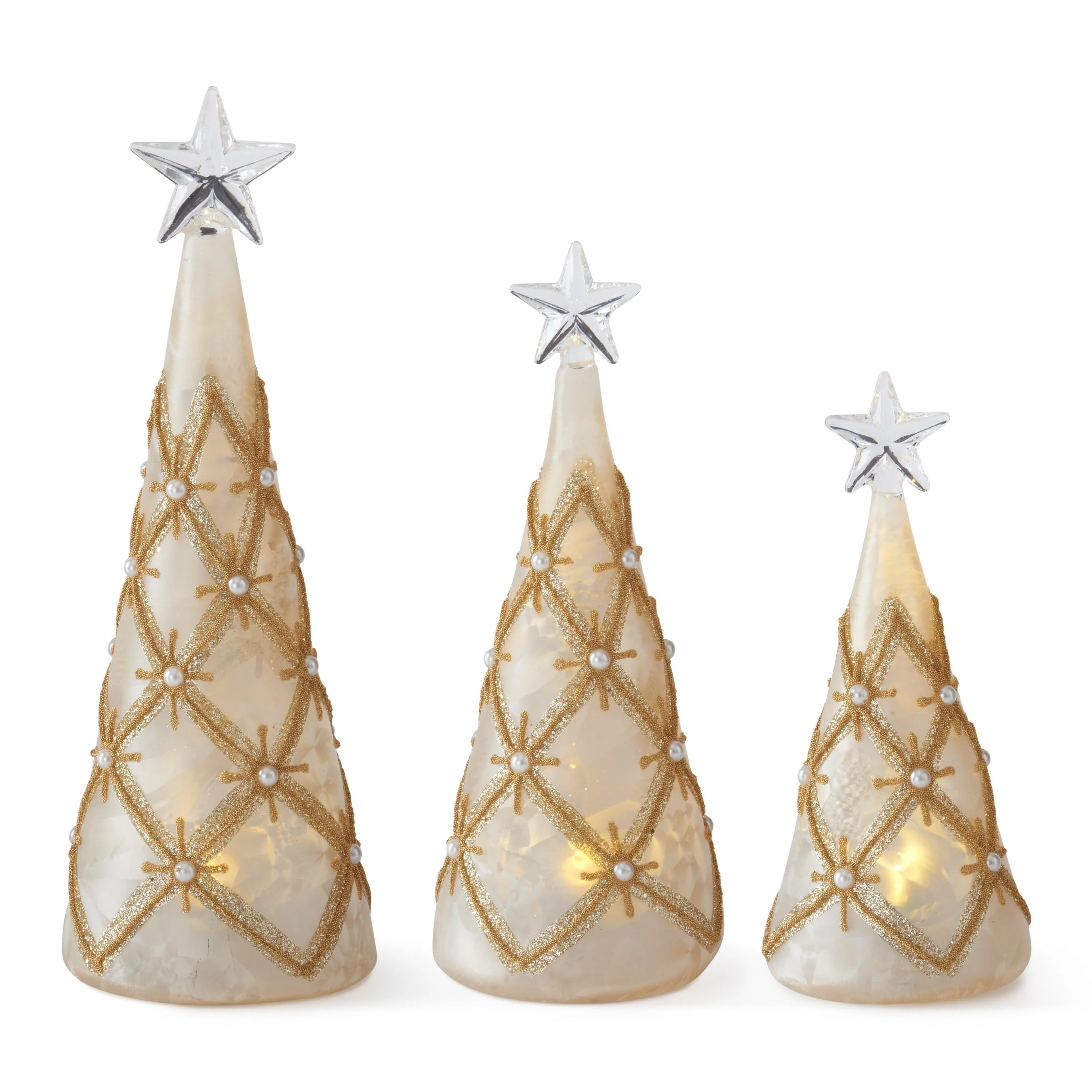 Gold & Pearl LED Christmas Trees w/ Timer, 9.5" (Set of 3)