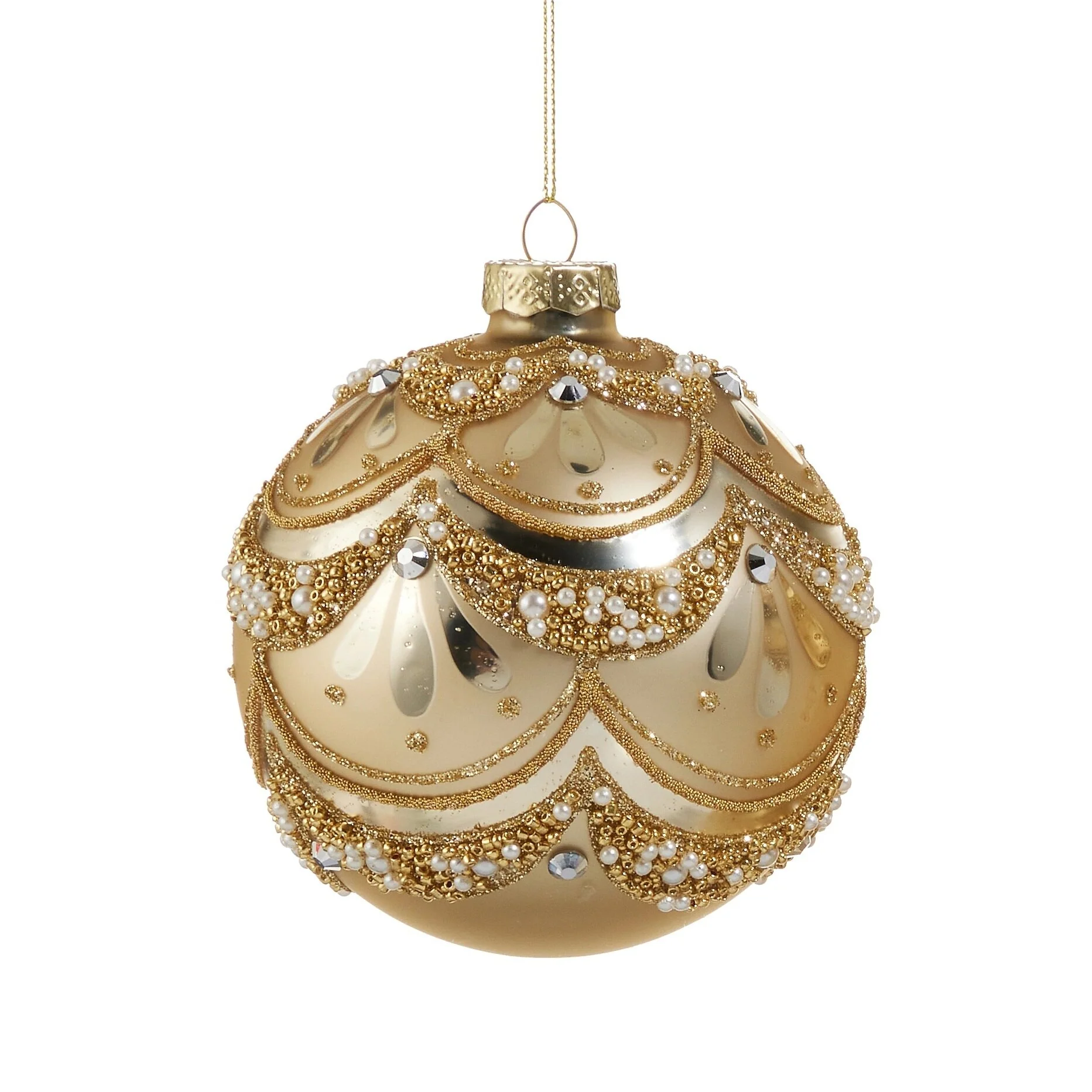 Gold Pearl Trimmed Glass Ornament, 4" (3 Styles - Sold individually) - Image 2