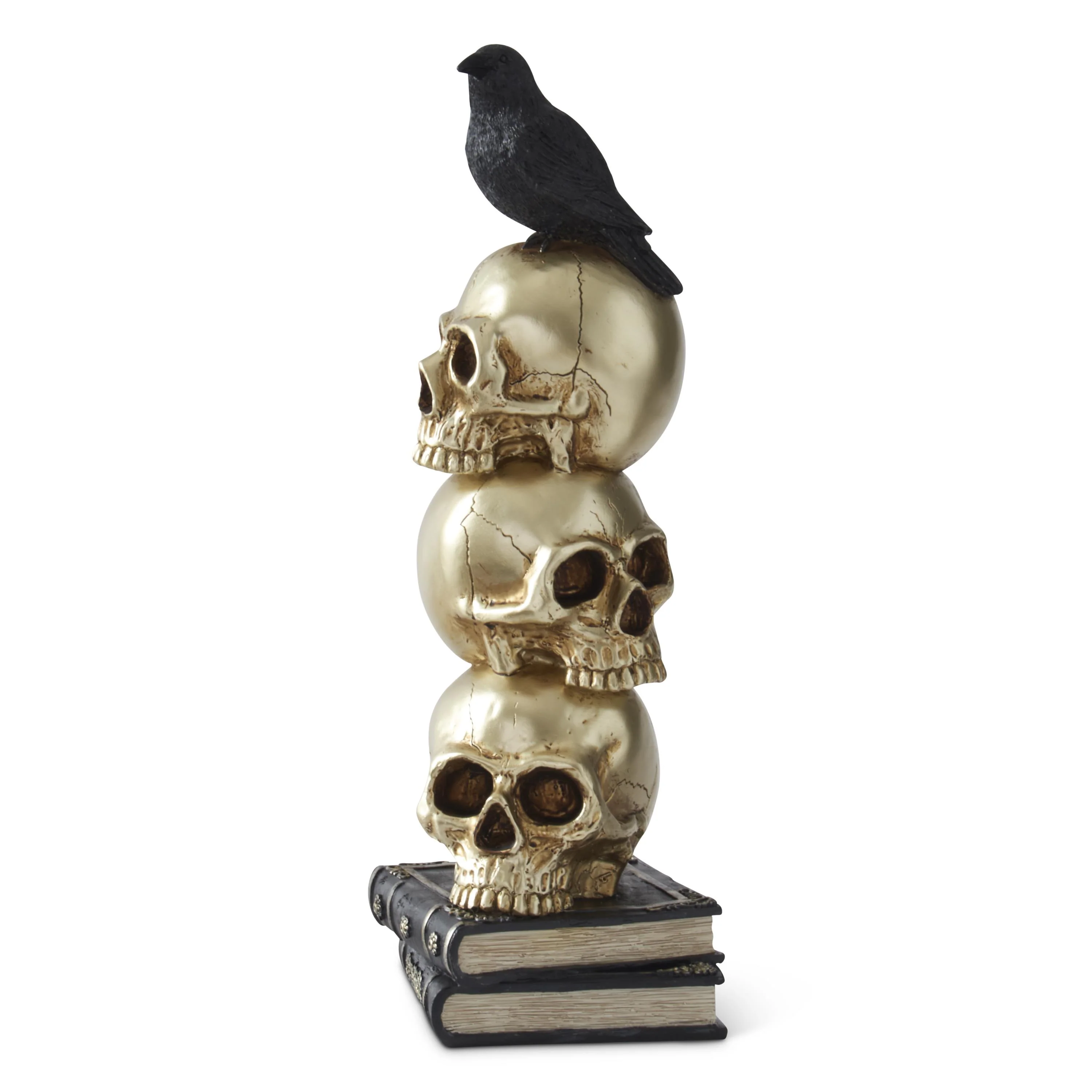 Gold Resin 3 Stacked Skulls & Crow Figurine, 16"