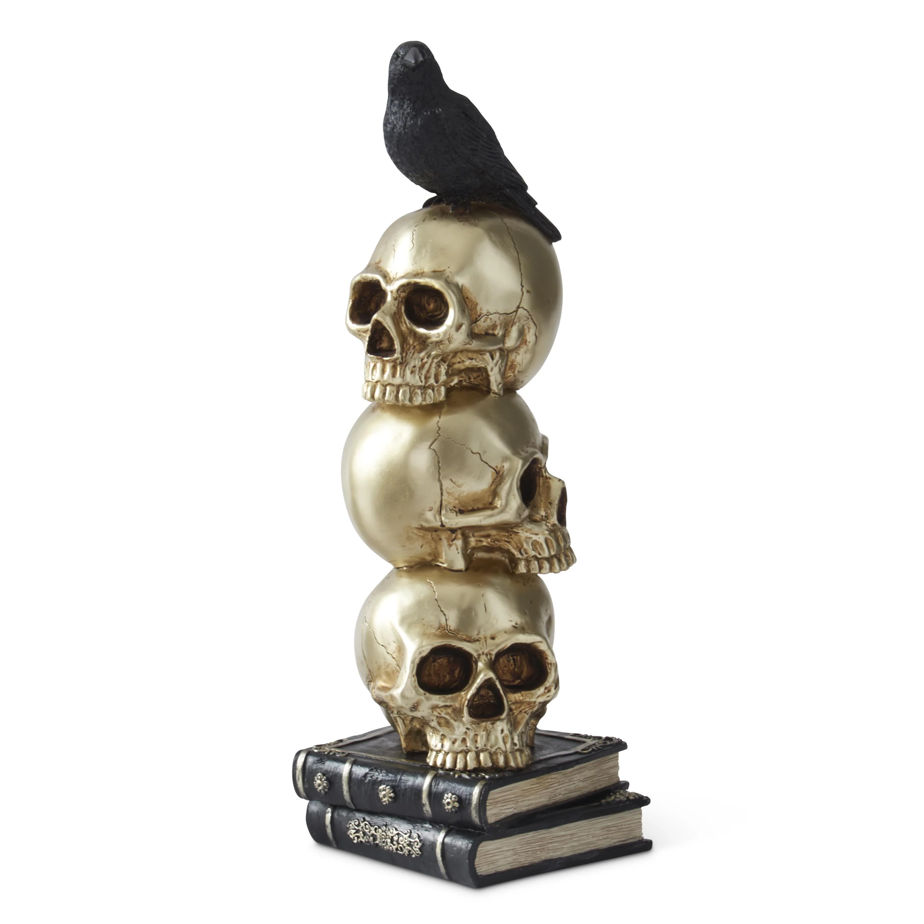 Gold Resin 3 Stacked Skulls & Crow Figurine, 16" - Image 2