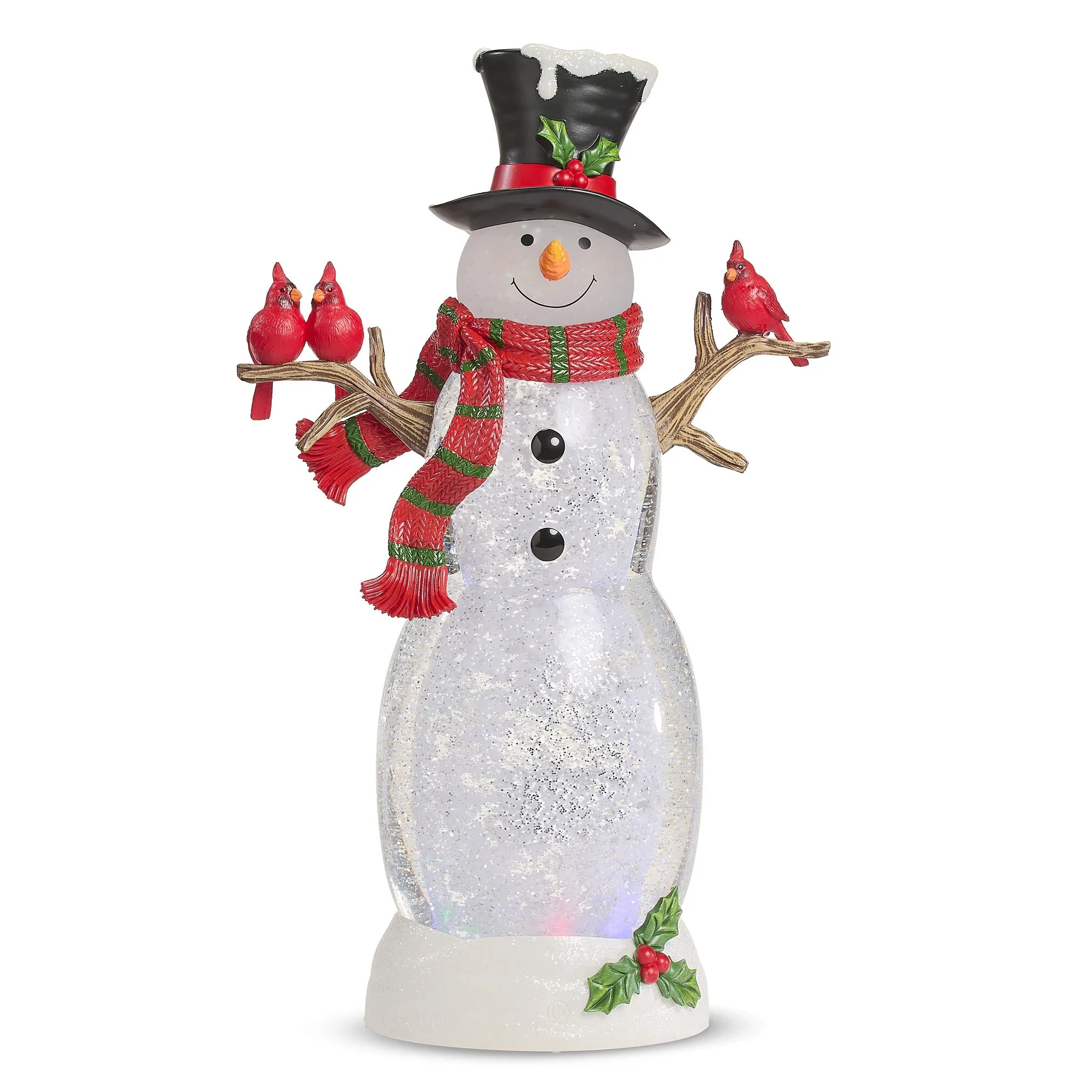 LED Lighted Swirl Snowman Water Globe W/ Scarf And Cardinals, 18"