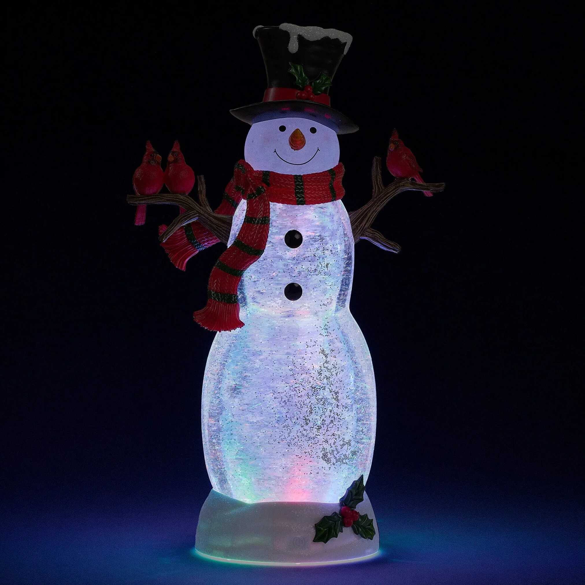 LED Lighted Swirl Snowman Water Globe W/ Scarf And Cardinals, 18" - Image 2