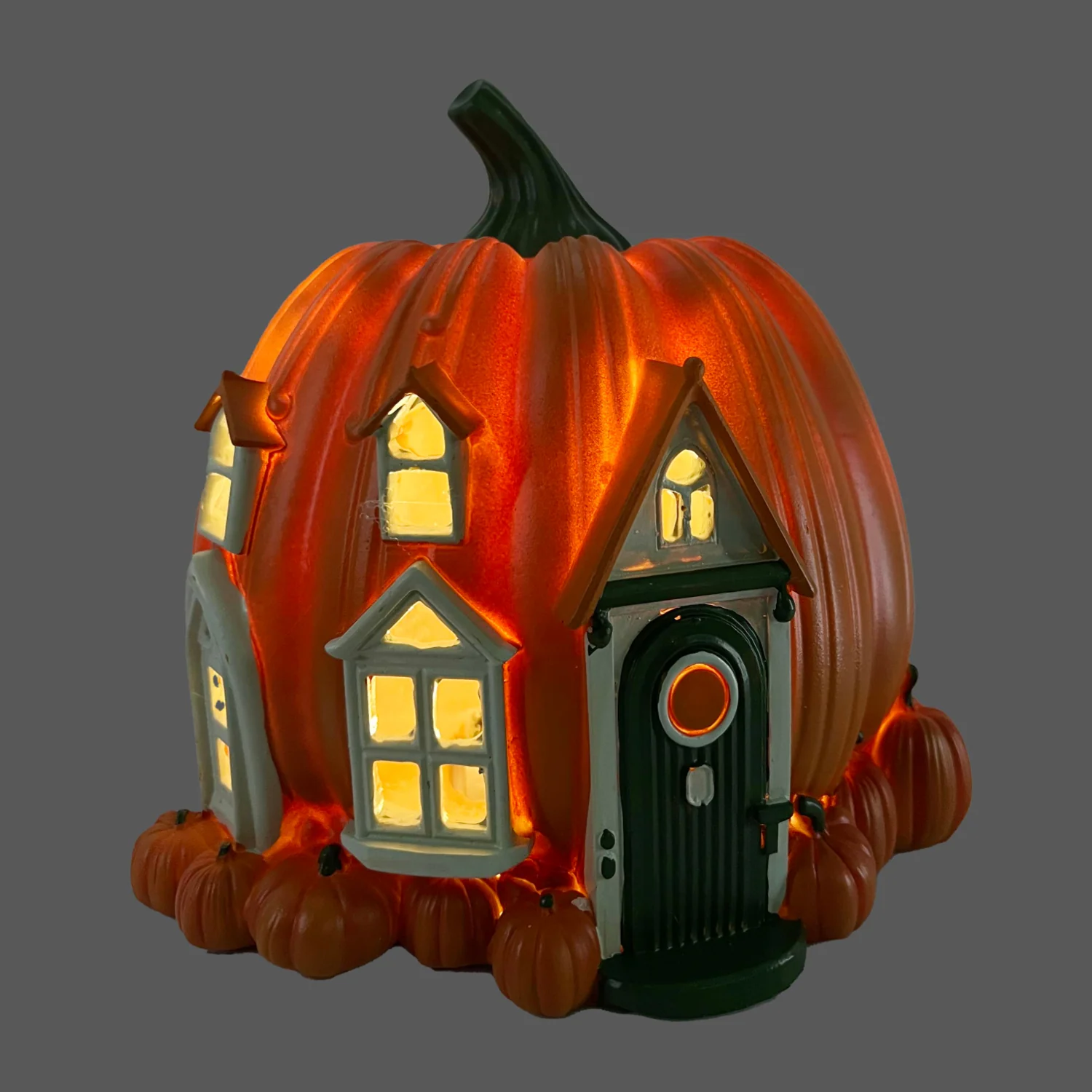 Hand Painted Pumpkin Village House w/Green Door - Image 2