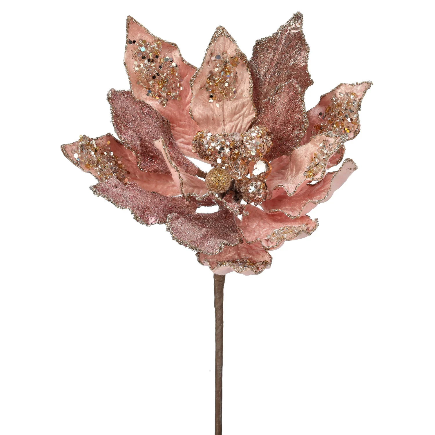 Heavy Jeweled Poinsettia Stem (Rose Gold), 18"