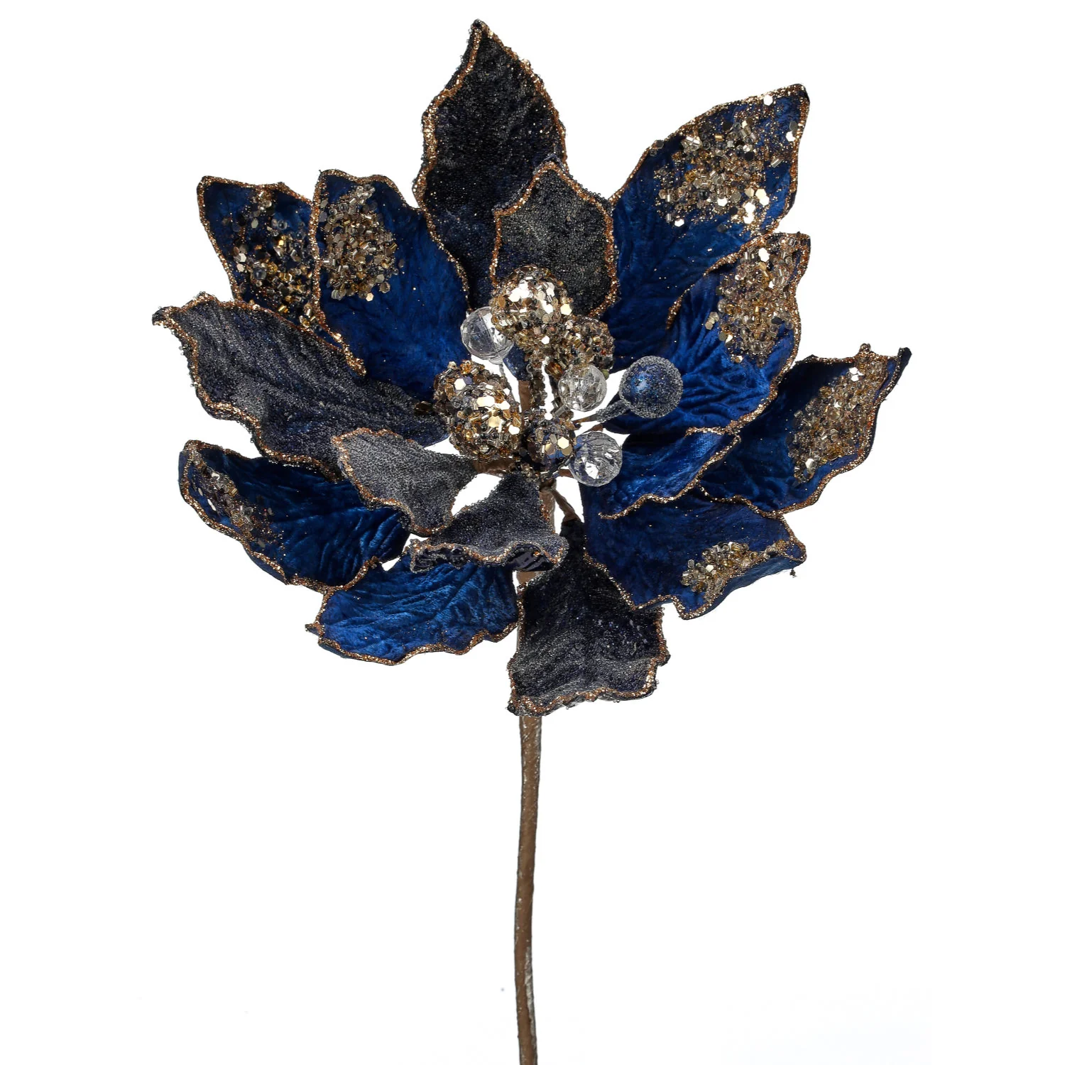 Heavy Jeweled Poinsettia Stem (Sapphire Gold), 18"