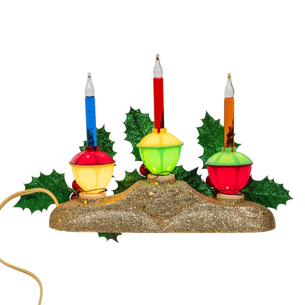 Holly Berry & Greenery With Gold Base Three Bubble Light Table Piece, 6.9"