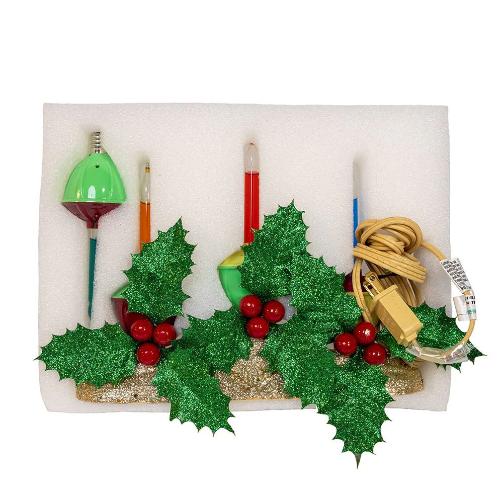 Holly Berry & Greenery With Gold Base Three Bubble Light Table Piece, 6.9" - Image 4