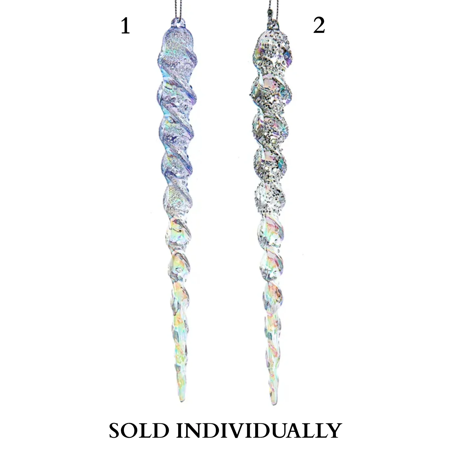 Iridescent Lavender Blue, Clear and Silver Icicle Ornaments (2 Styles β Sold individually)