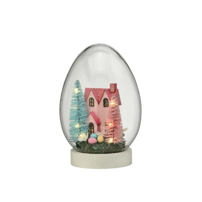 Pastel LED Glass Egg Cloche W/ Scene, 8.5"