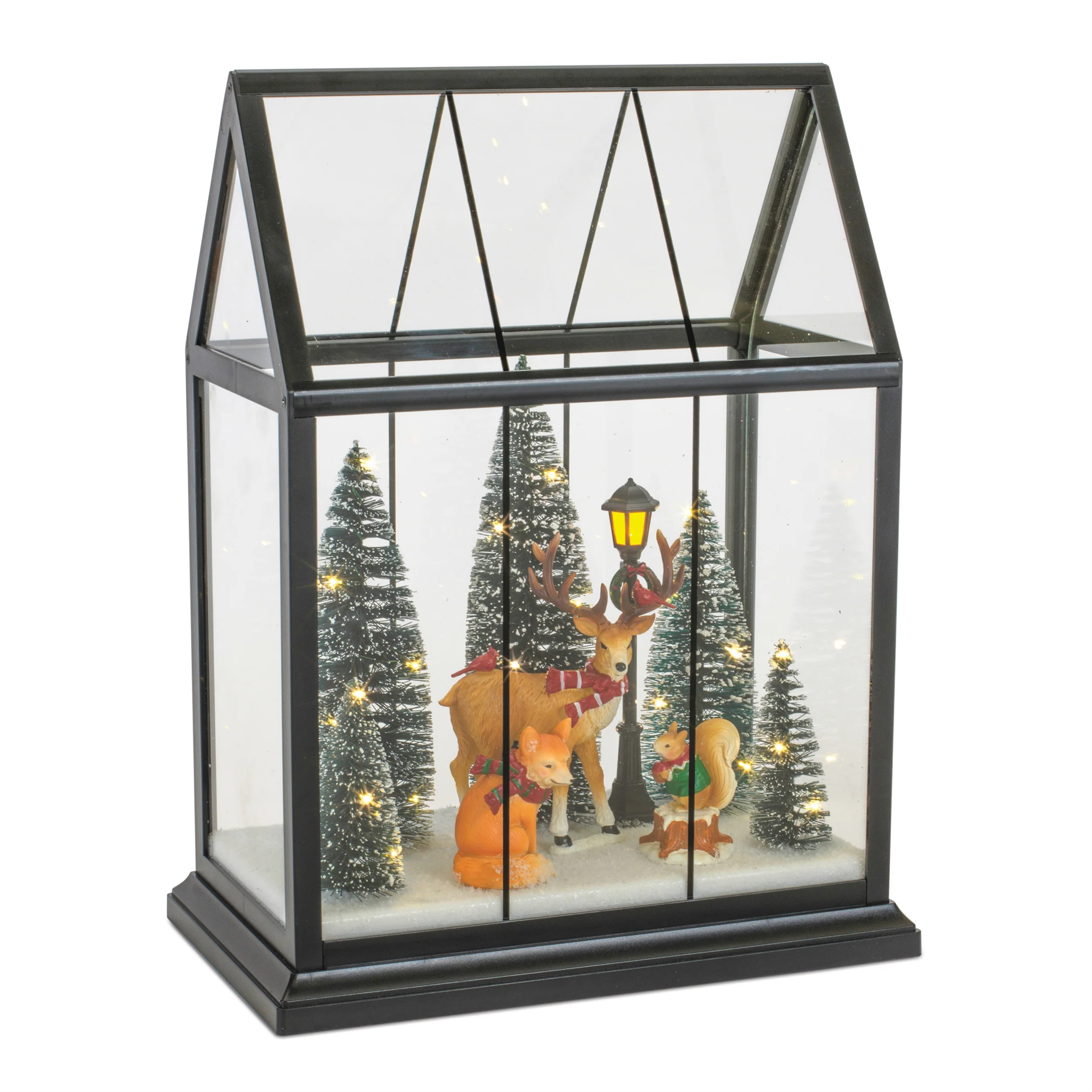 LED Glass Greenhouse w/Deer & Other Animals, 13"