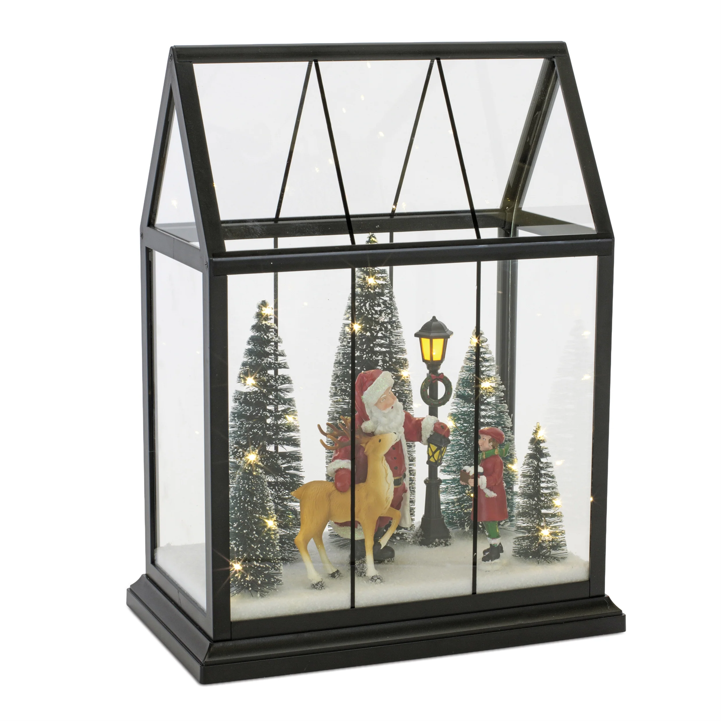 LED Glass Greenhouse w/Santa & Reindeer, 13"