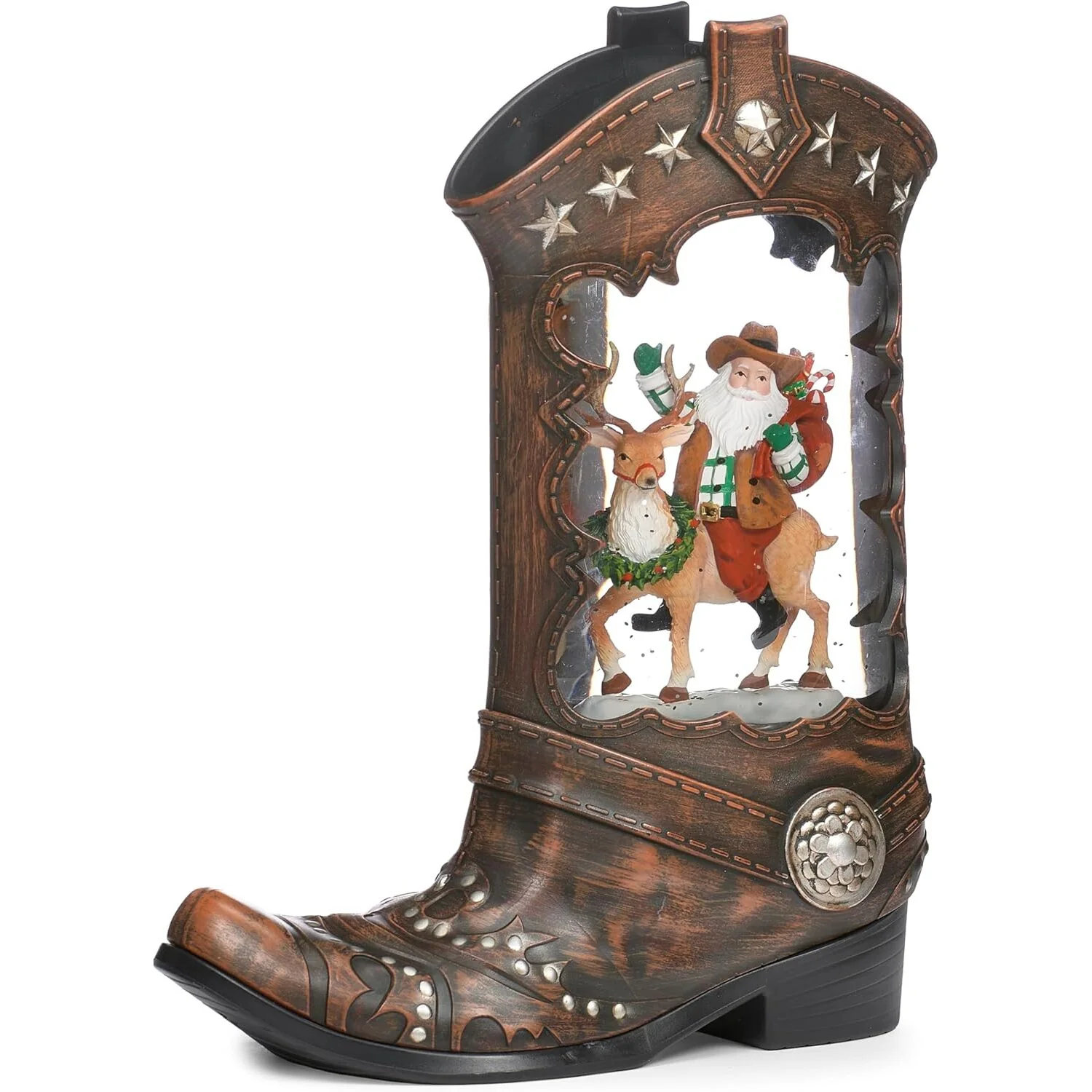 Lighted Swirl Boot w/ Santa Riding a Deer Snow Globe, 10" - Image 2