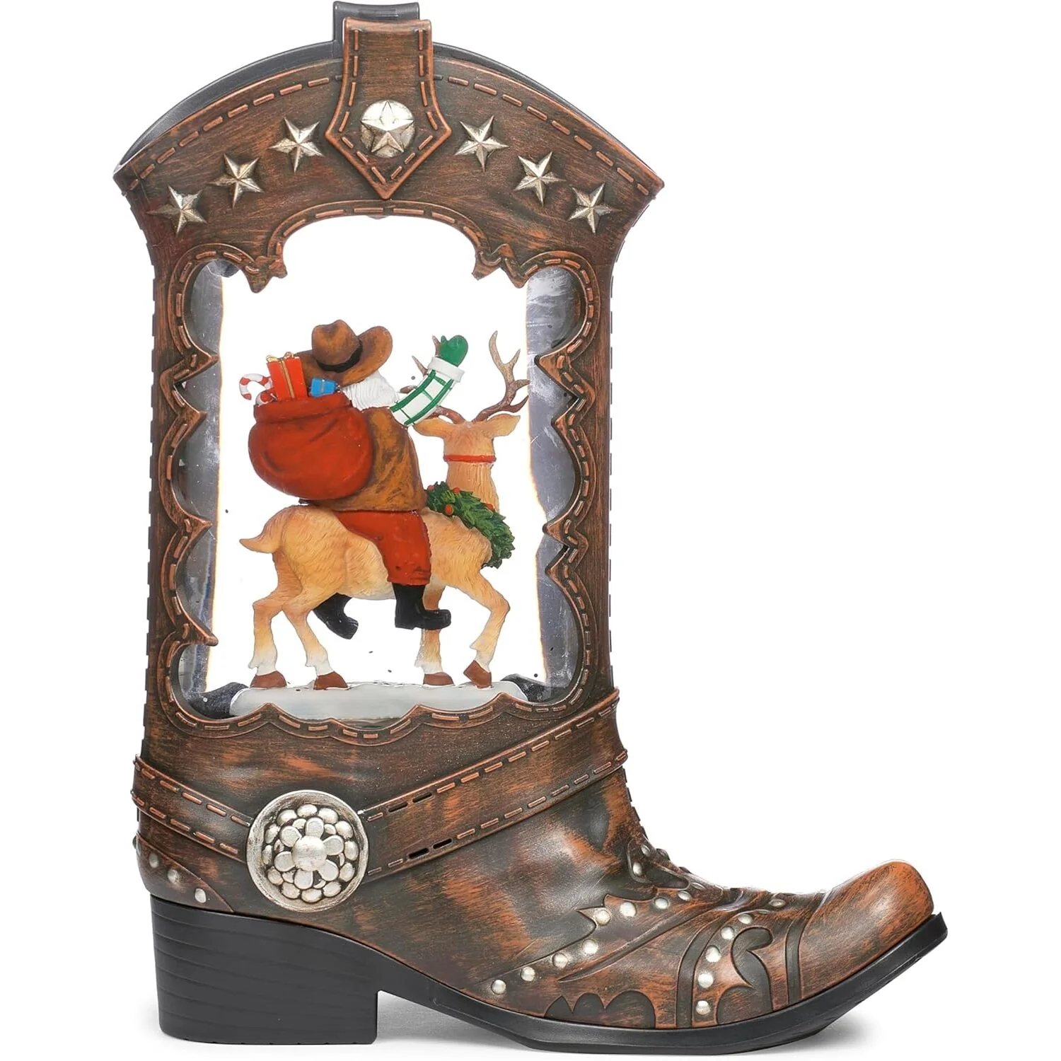 Lighted Swirl Boot w/ Santa Riding a Deer Snow Globe, 10" - Image 3
